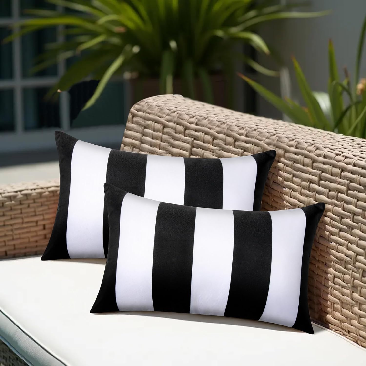 Pack of 2 12x20 Outdoor Pillows, Waterproof Throw Pillows with Inserts, Decorative Lumbar Pillows for Patio, Garden, Couch, Furniture, Sofa, Bed, Living Room﻿ (Black and White)