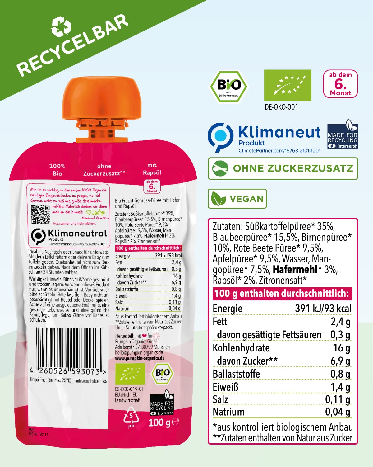 Bio Quetschie Süßkartoffel, Blaubeere, Birne, Rote Beete, Hafer & Rapsöl - Gemüsepüree, Fruchtmus und Getreide für Babys ab dem 6. Monat. Recycelbarer Quetschbeutel, 32er Pack (32x100g)