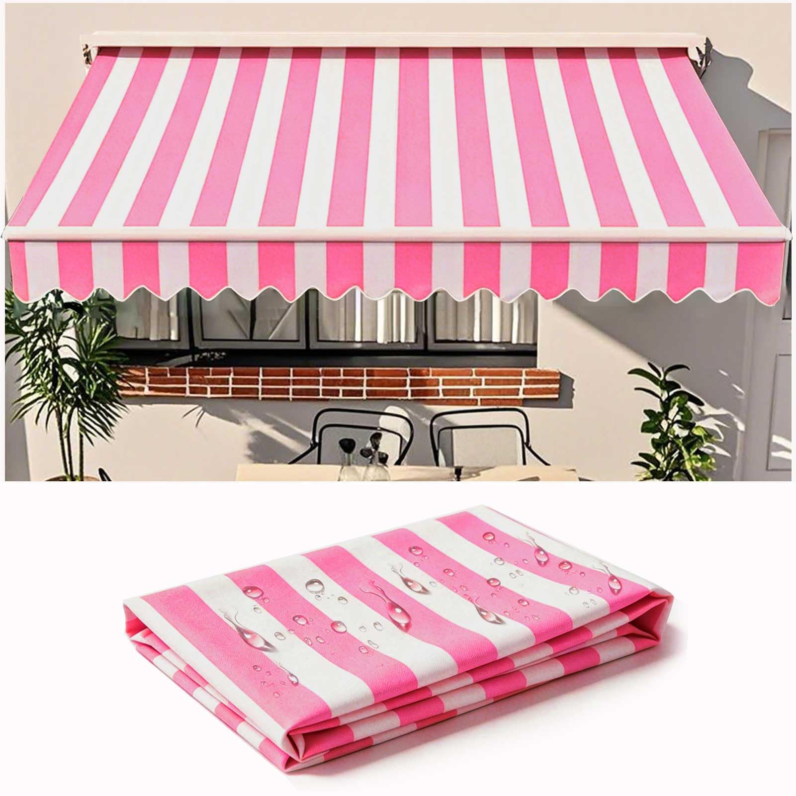 Manual Awning Replacement Fabric Retractable 2.5x5m Outdoor Patio Garden 100% Polyester Canopy, Cover, Sun Shade, Shelter for Yard, Deck, Balcony, Pink White Stripes