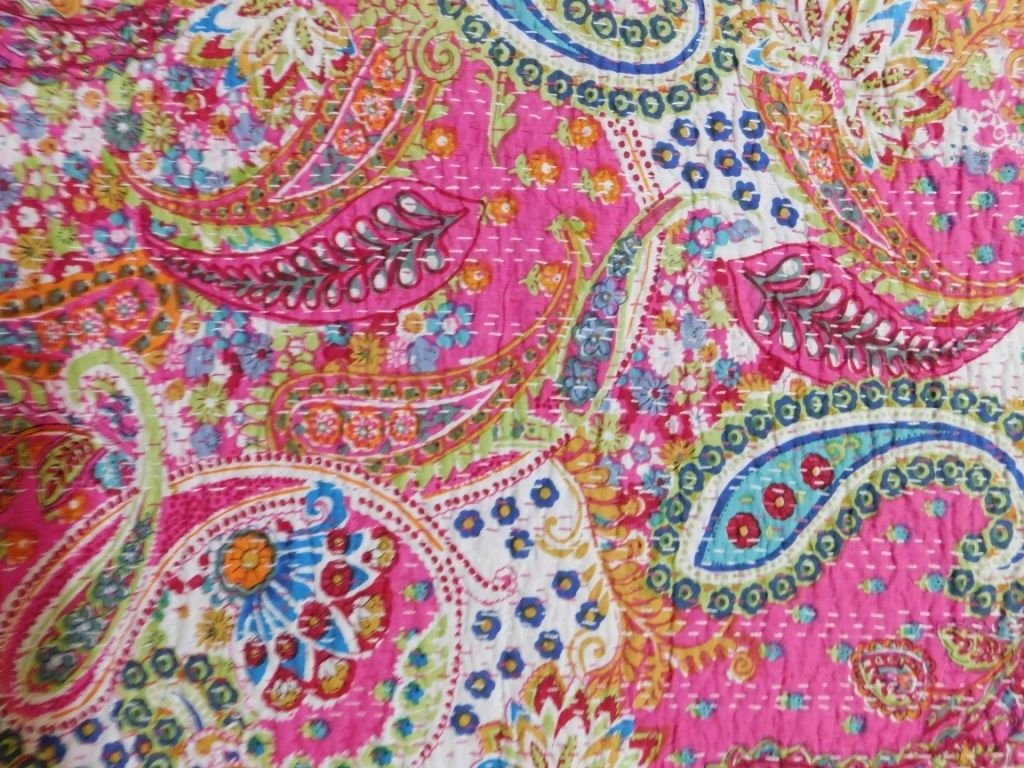 Colcha Kantha Hecha A Mano En India, Tamaño King 90x108 Pulgadas, Diseño Paisley Verde, Reversible, 100% Algodón Con Bordados Tradicionales