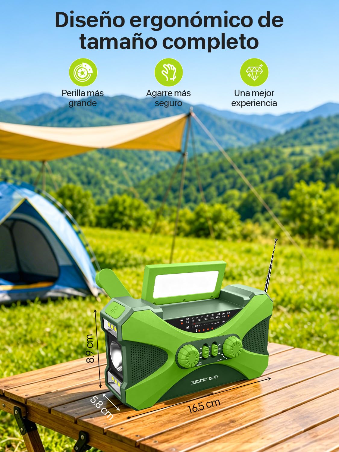 Radio Manivela Solar Emergencia, Emergencia Portátil, Manivela Solar Am/FM, Batería Power Bank 10000mAh, Radio de Supervivencia con Manivela, Linterna, Alarma SOS (Verde)