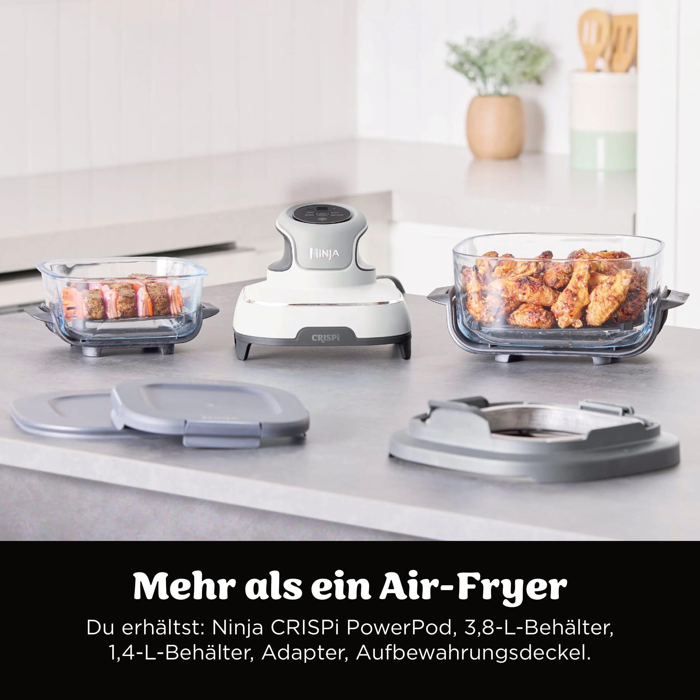 Ninja CRISPi Tragbare Heißluftfritteuse 3,8 l & 1,4 l 4-in-1 Heißluftfrittieren Braten Aufknuspern 1700 W Weiß FN102EU