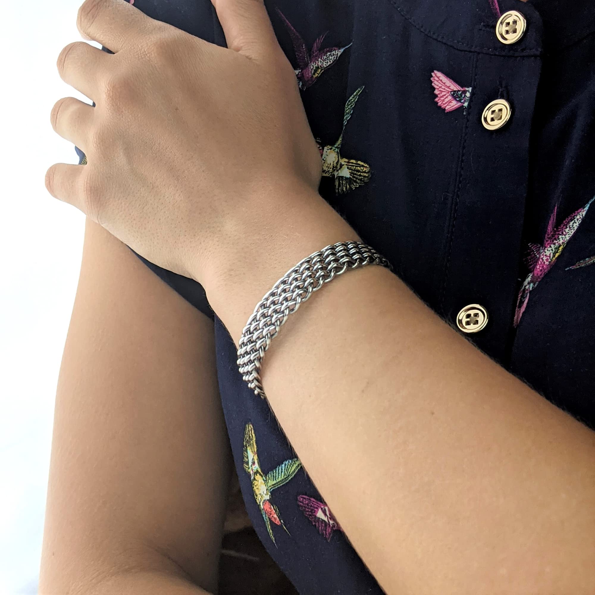 Silverly Bracciale Rigido Regolabile con Maglie a Catena in Argento Sterling 925 per Donna | Design a Intreccio di Canestro | Bracciale Largo in Argento Massiccio Stile Maglia Metallica per Uomo