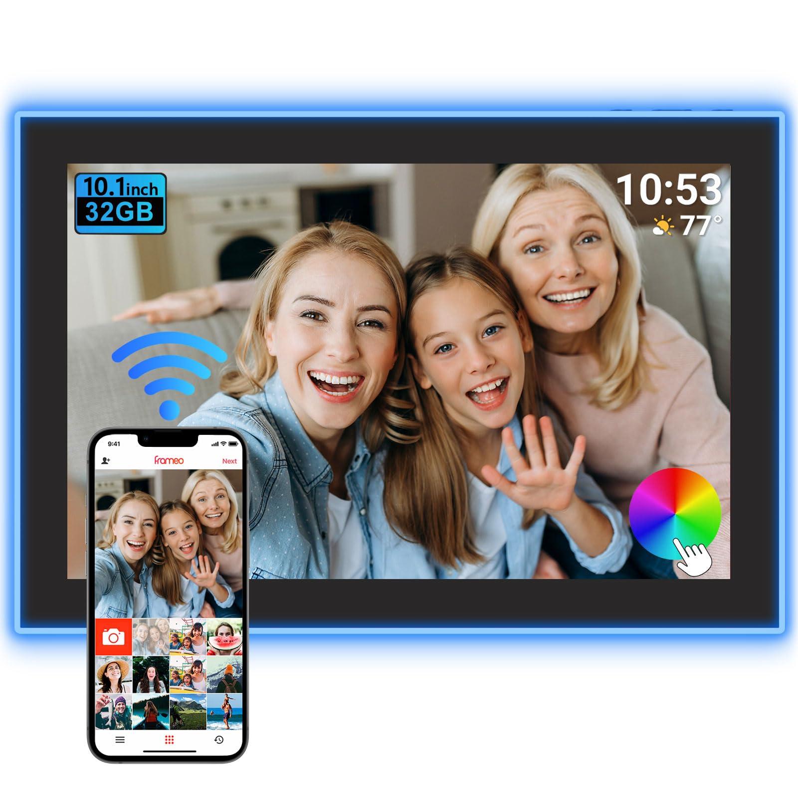 32GB FRAMEO 10.1 Inch WiFi Digital Photo Frame with Neon Light, 1280x800 HD IPS LCD Touch Screen, Auto-Rotate, 32GB Storage, Support USB Drive/SD Card Extend Storage, Share Moments via Frameo App 10.1 inch Neon