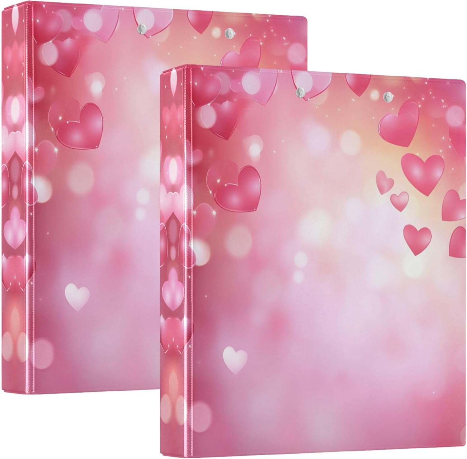 Valentine's Day Pink Hearts 3 Ring Binders, 1.5” Round Ring Binders with Clipboard - Letter Size, 3 Interior PVC Clear Pockets & Anti-Slip Clip for Office School Supplies, 2PCS