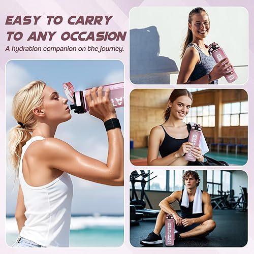 Miniatura 7 de Botella de agua, botellas de agua deportivas de 32 onzas con marcador de tiempo, boca ancha, botella de bebida motivacional y a prueba de fugas,