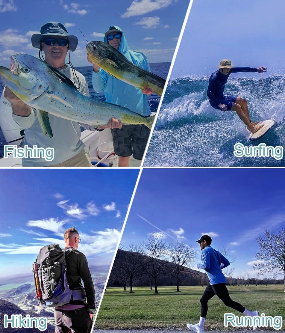 2 Pack Men’s UPF 50+ Fishing Shirts Long Sleeve UV Sun Hoodie Quick-Dry Swim Rash Guard Lightweight Shirt for Outdoor
