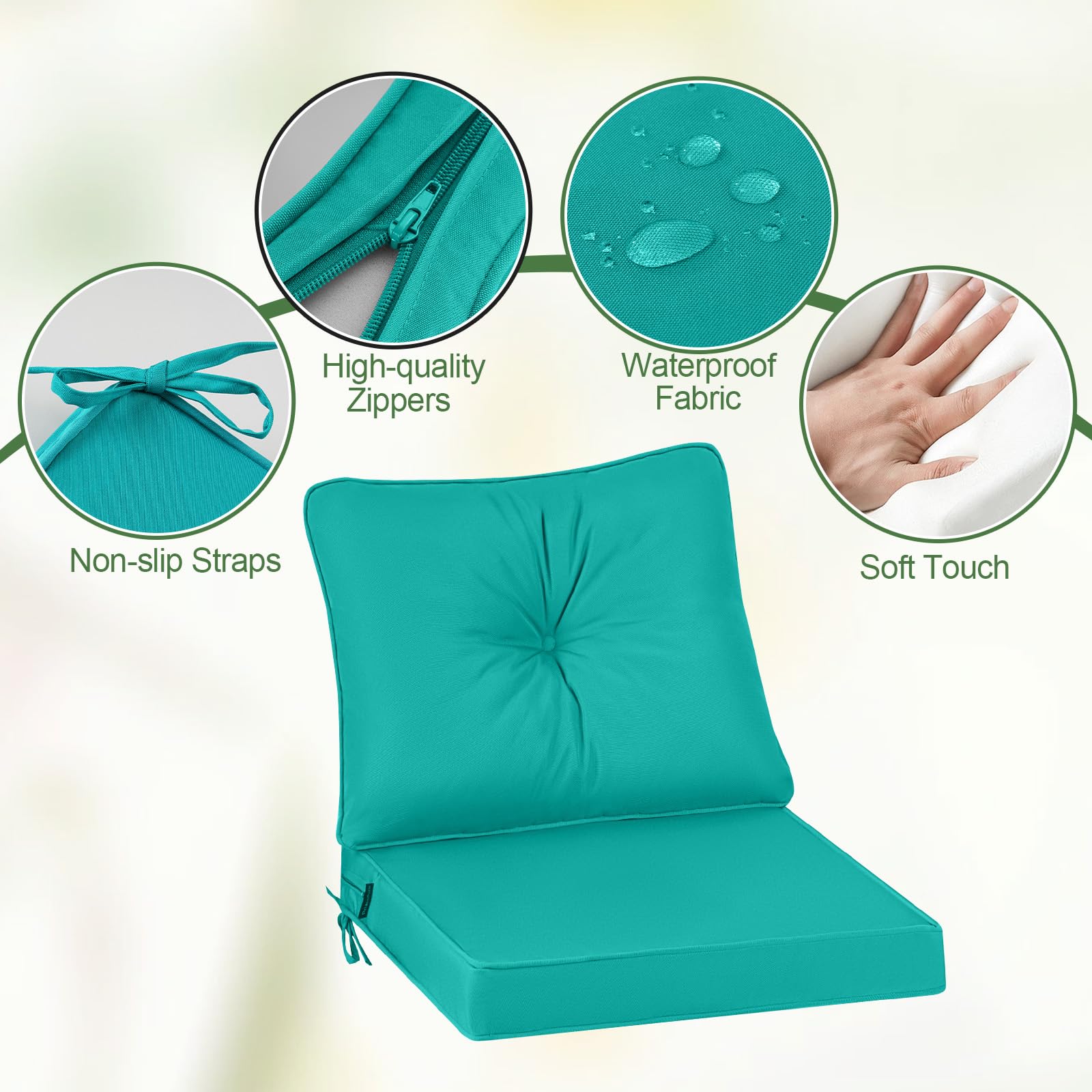 Cojín para silla de jardín al aire libre con respaldo, 7 cm de grosor, impermeable, para sofá de respaldo bajo, cojín de repuesto para muebles de jardín con lazos, 50 x 50 cm, azul