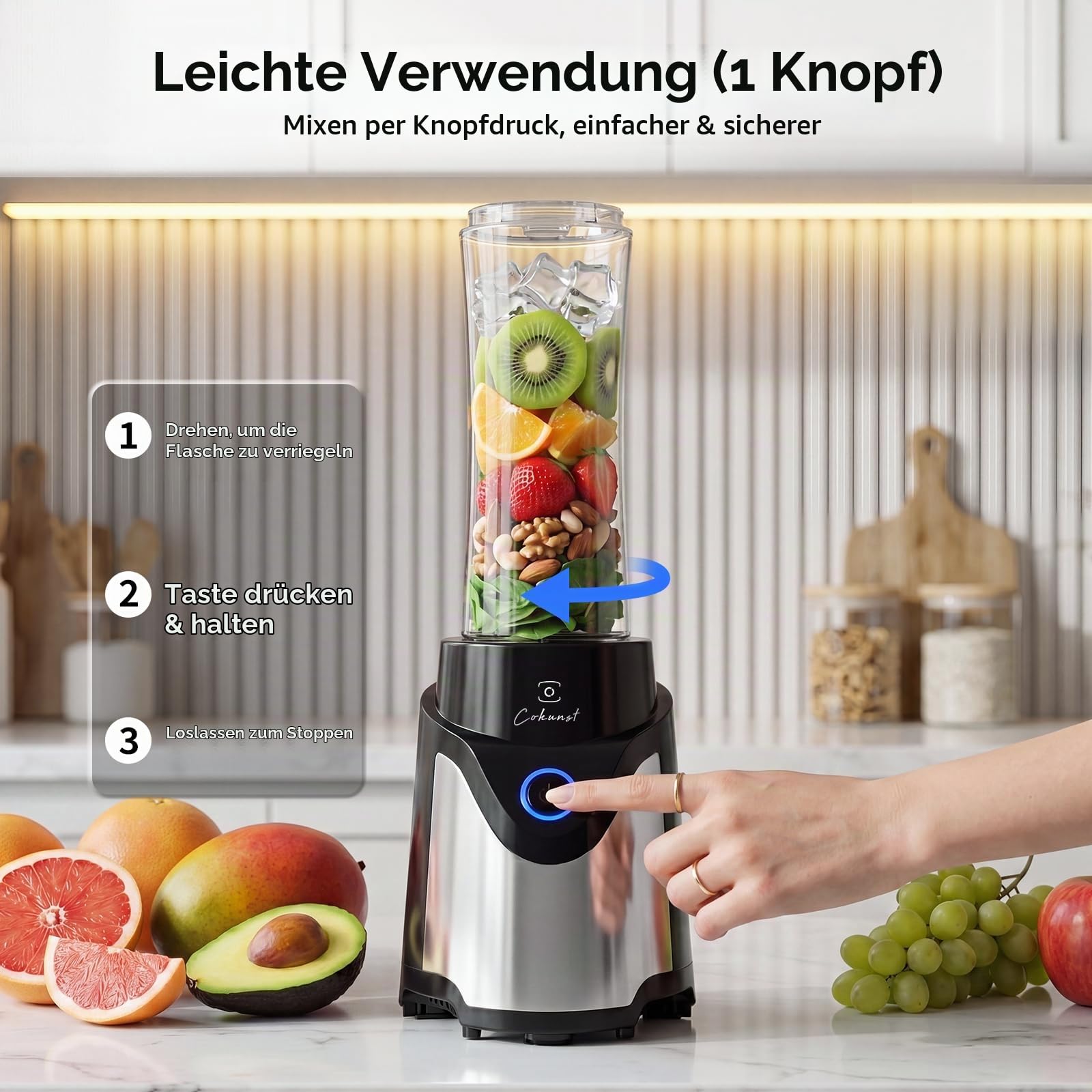 COKUNST Stand Mixer & Go Smoothie Maker, Shake Blender Elektrisch, 2 Becher | 900 W Leistung, 570 ml Fassungsvermögen, mit Kaffeebohnenbehälter, BPA-frei, auslaufsicherem Reisedecke, rutschfestem Boden