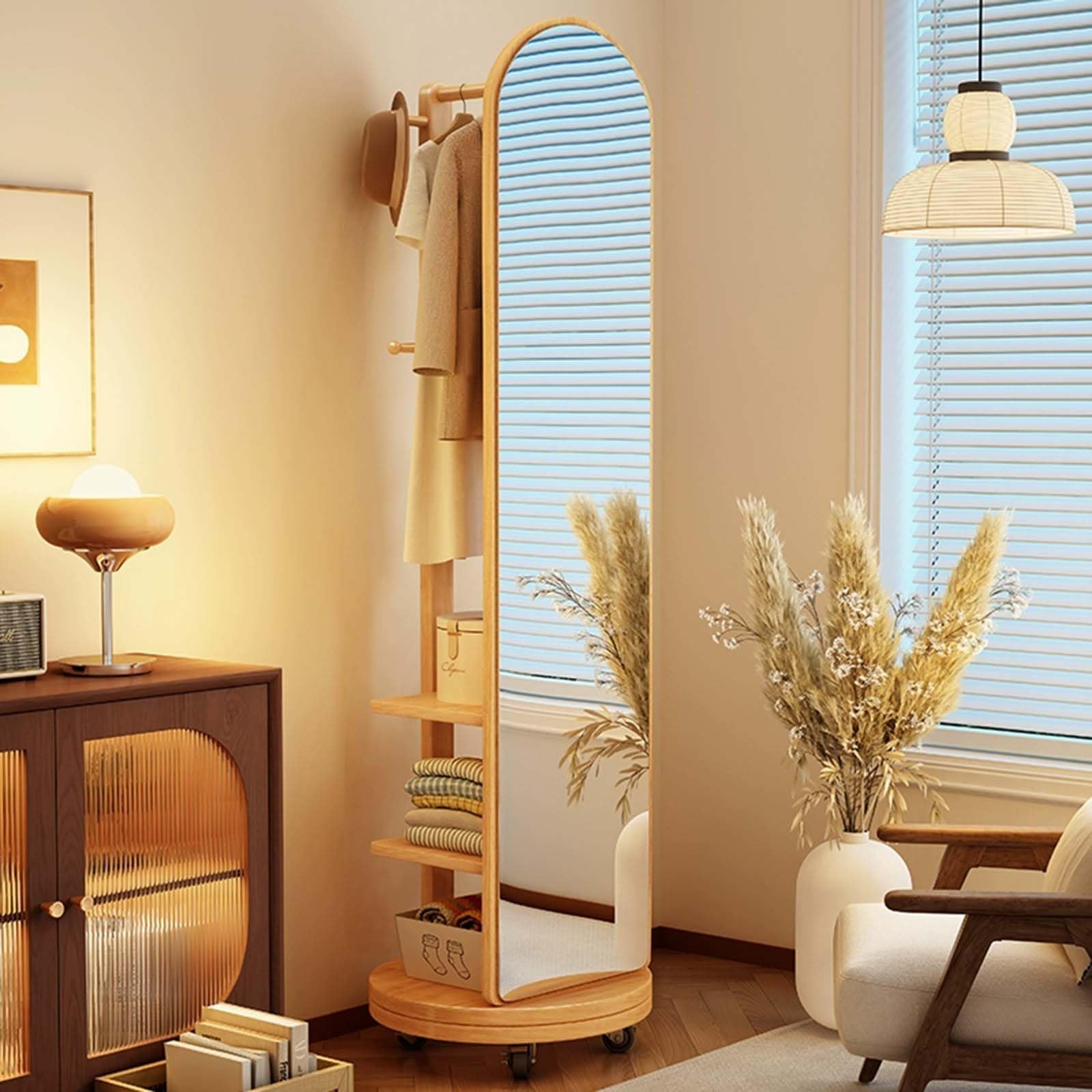 Miroir pleine longueur rotatif avec portant vêtements | Meuble gain de place chambre