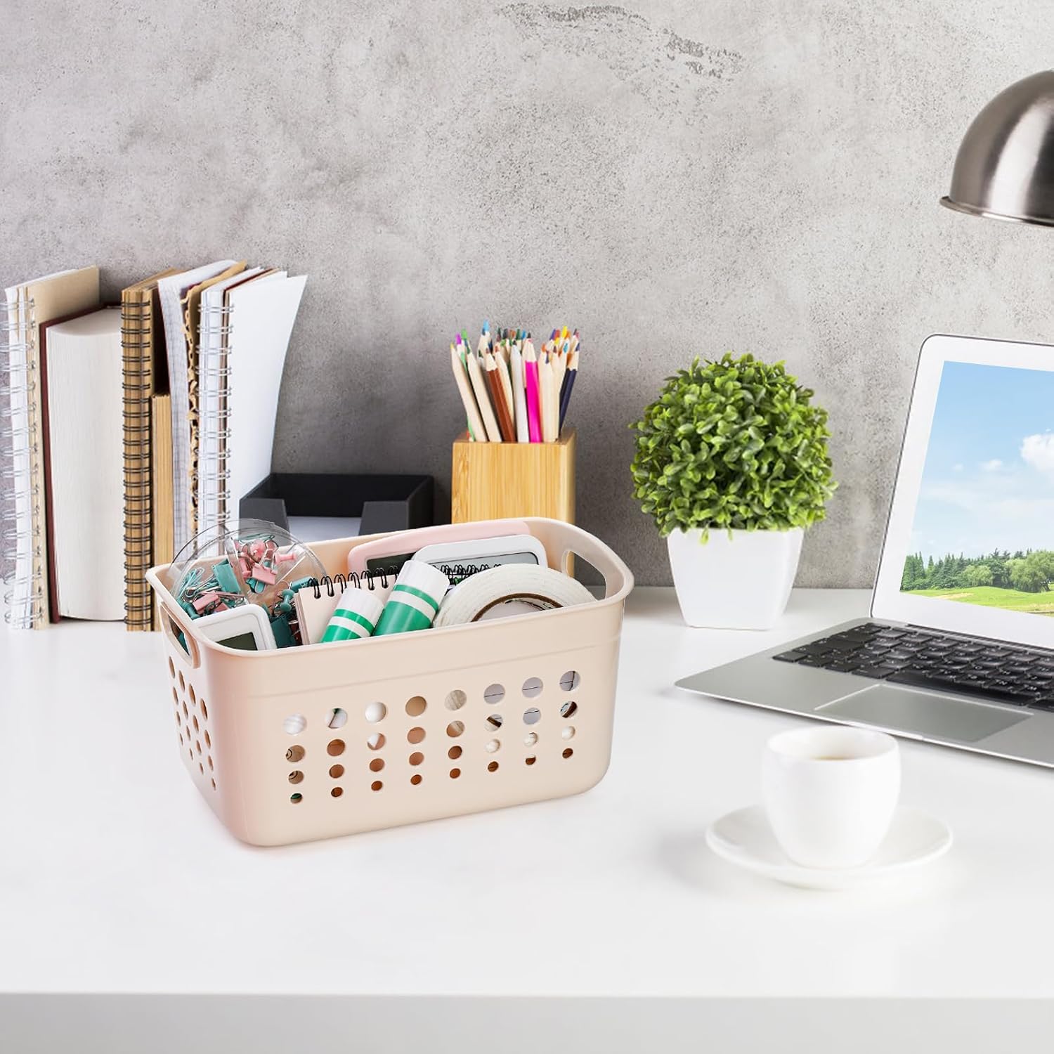 DEAYOU 9 Pack Plastic Storage Basket, Small Pantry Organizer Basket Bins, Rectangular Storage Tray Baskets Container with Handle for Shelf, Bathroom, Household, Desktop (Beige, White, Gray) - Image 7