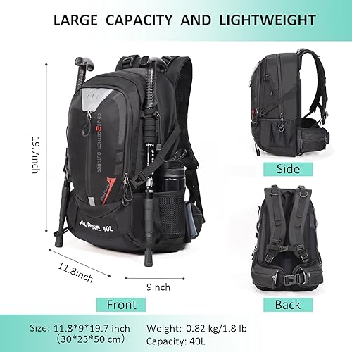 Miniatura 2 de Mochila de senderismo para acampar 40L al aire libre, mochila de viaje ligera con cubierta de lluvia para mujeres y hombres (negro)