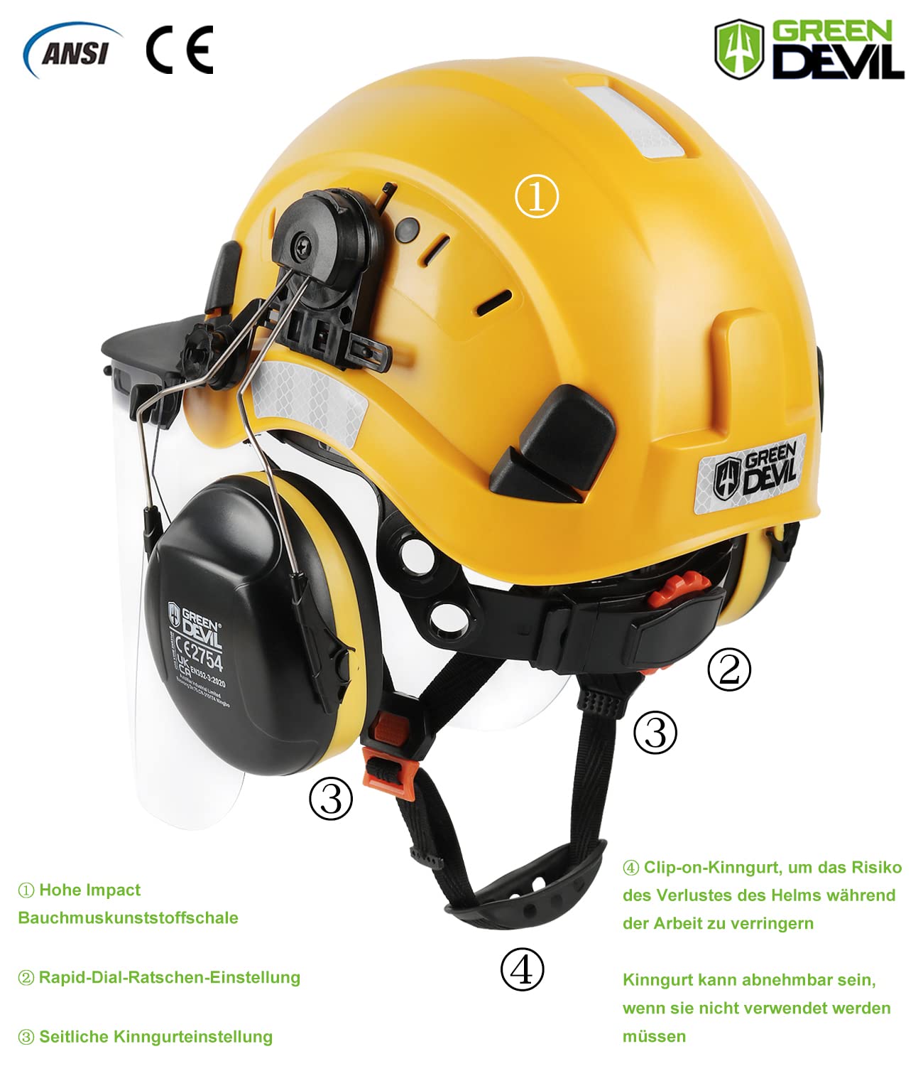GREEN DEVIL 3-in-1 Kettensägen-Schutzhelm Set - Forsthelm mit Gehörschutz SNR 31dB & Klares Polycarbonat-Visier + Spezielle Helmleuchte mit Bewegungssensor