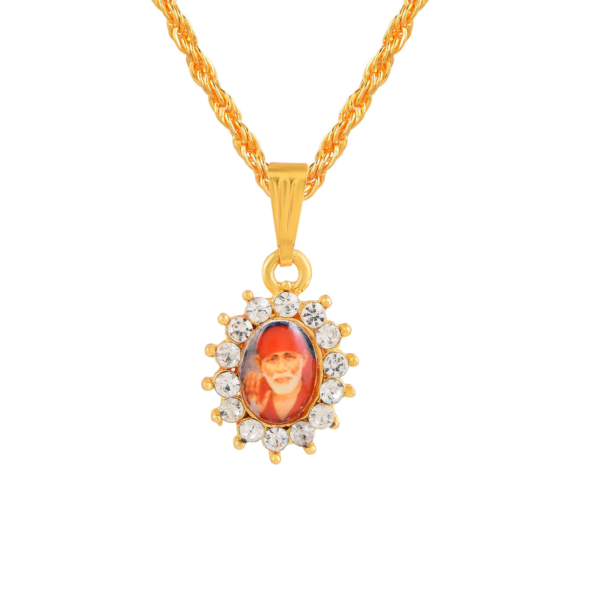 Gold Plated CZ Studded Shridi Sai Baba Sri Sai Om Sairam Photo Pendant Locket Necklace Hindu Religious Jewelry For Men Women and Girls-image-5