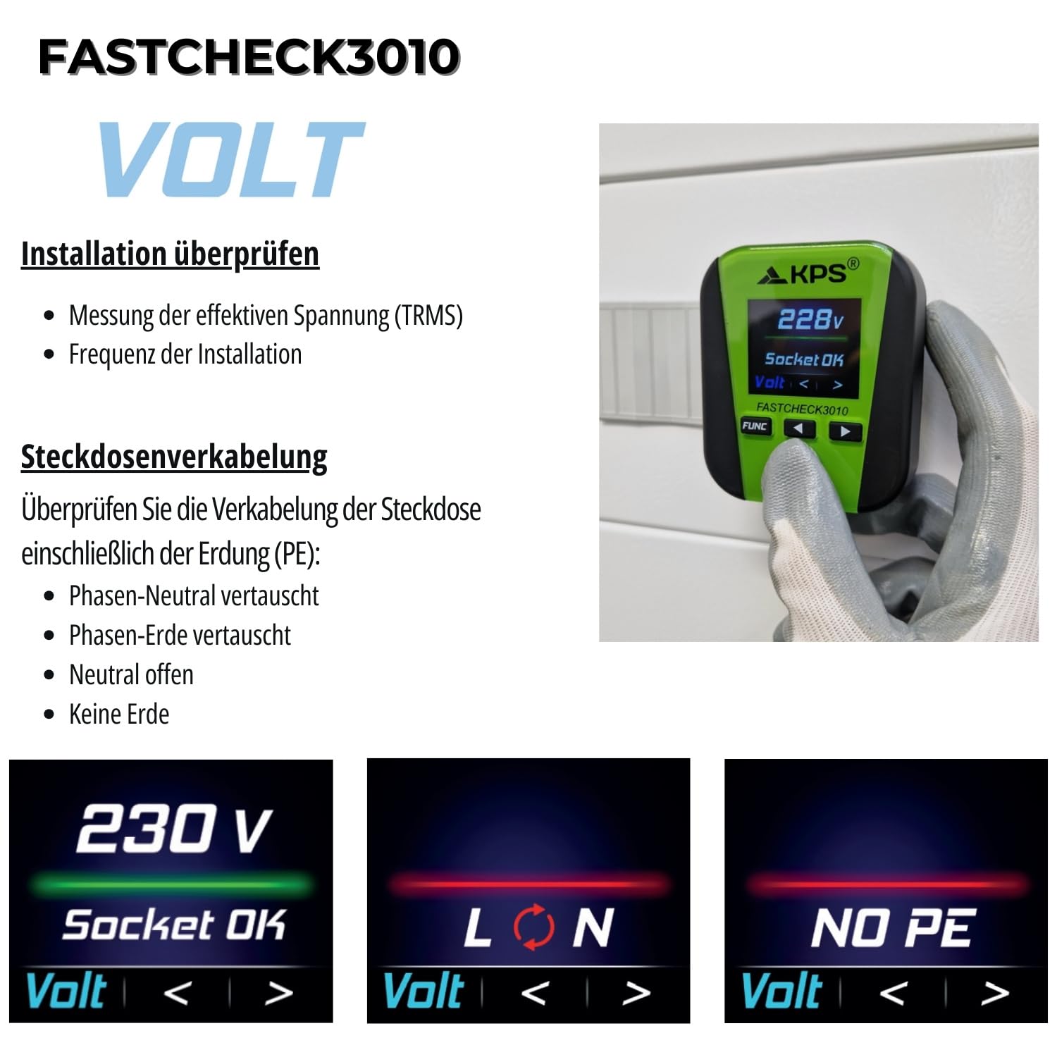 KPS FASTCHECK3010 – Multifunktionstester im Taschenformat mit TRMS-Messung | Steckdosenprüfung, RCD-Test, Schleifenimpedanz, Oberschwingungen & THD% | App für Berichte | CAT III 300V