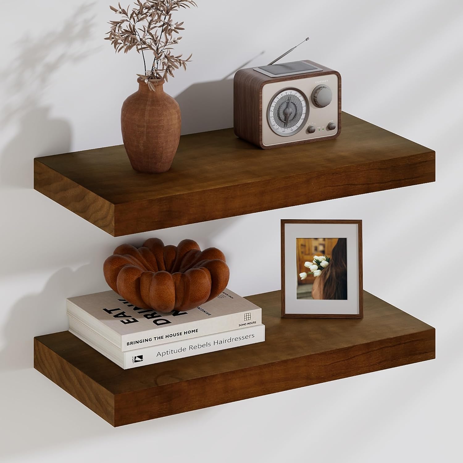 Fun Memories Floating Shelves, 9.3'' Deep Solid Pine Wood Wall Shelves for Storage, Wall Mounted Display Shelf with Invisible Heavy-Duty Metal Bracket, 24'' Width Set of 2, Walnut Usa-sourced Pine Wood Walnut Finish 24''W x 9.3''D, 2-Pack