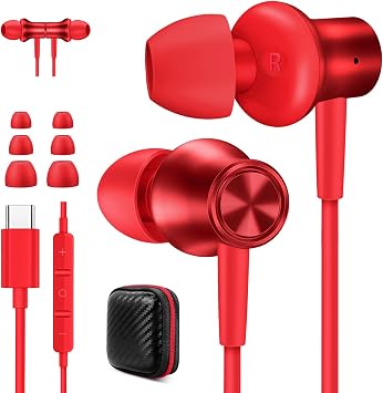 Jiunai USB C Wired Earbuds for iPhone 17 Pro Max 16e Headphone with USB C Plug in Ear Magnetic Stereo Corded Type C Ear Budsfor iPhone 16 15 for Samsung S26 S25 S24 for iPad Red Teen Women Men