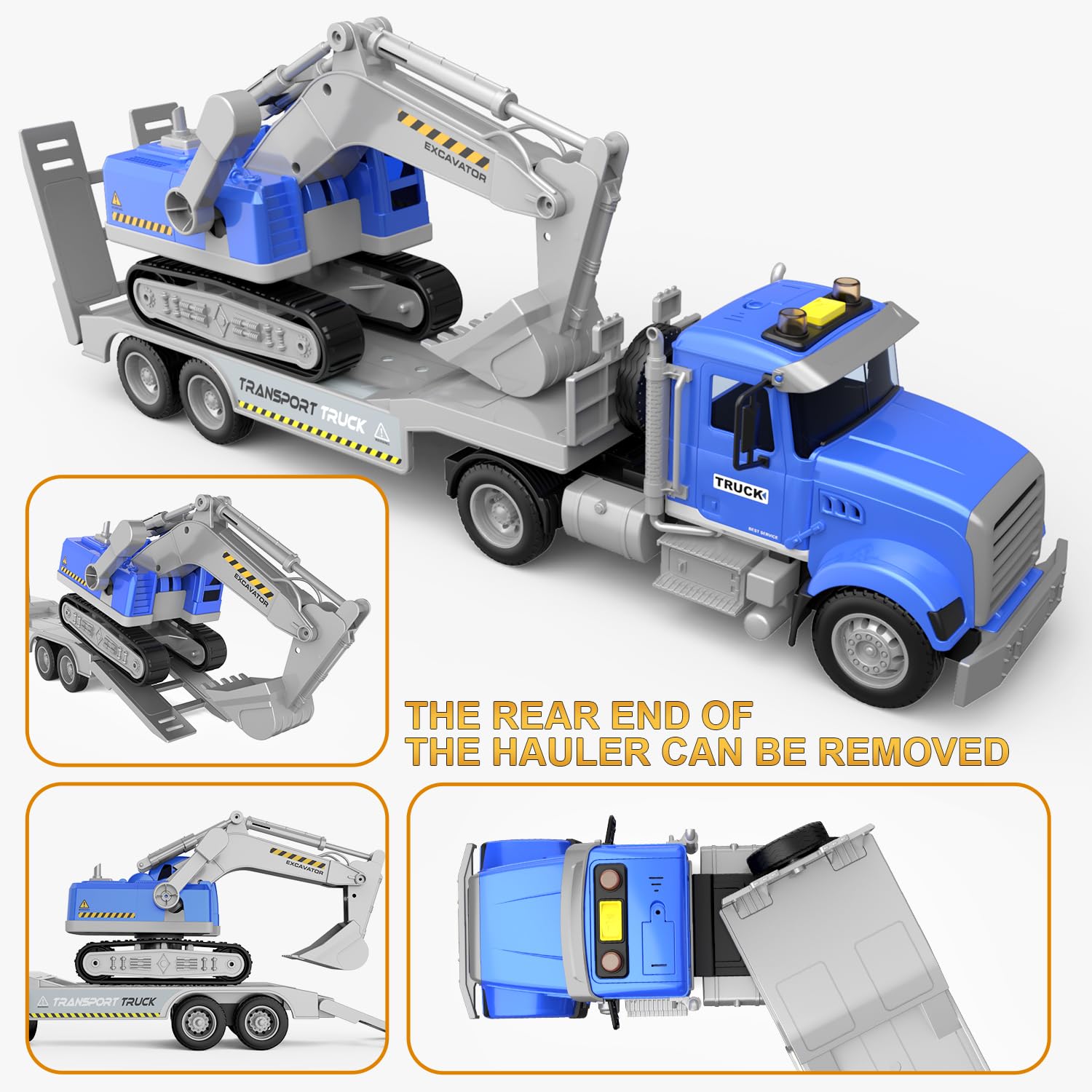 Transports Trucks Kids Toys, 22" Large Semi Truck Toy Carrier and Excavator Truck with Sound&Light,Friction Powered Cars Toys Birthday for Boys Girls 3 4 5 6 7 8