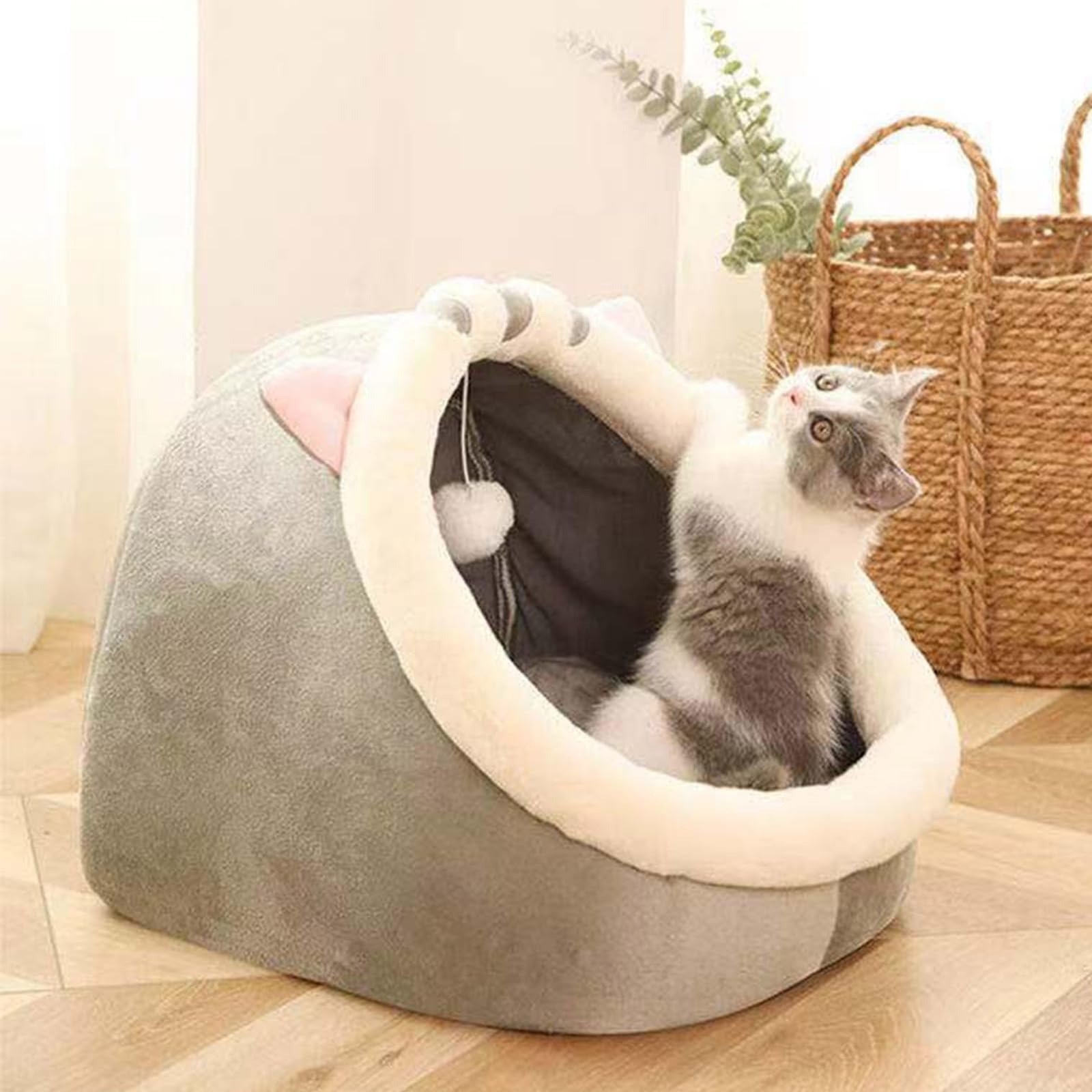 Lits pour chat pour l'intérieur, grotte en forme de chat avec jouet suspendu, maison lavable pour petits animaux de compagnie, canapé apaisant super doux, fournitures chaudes et douces pour