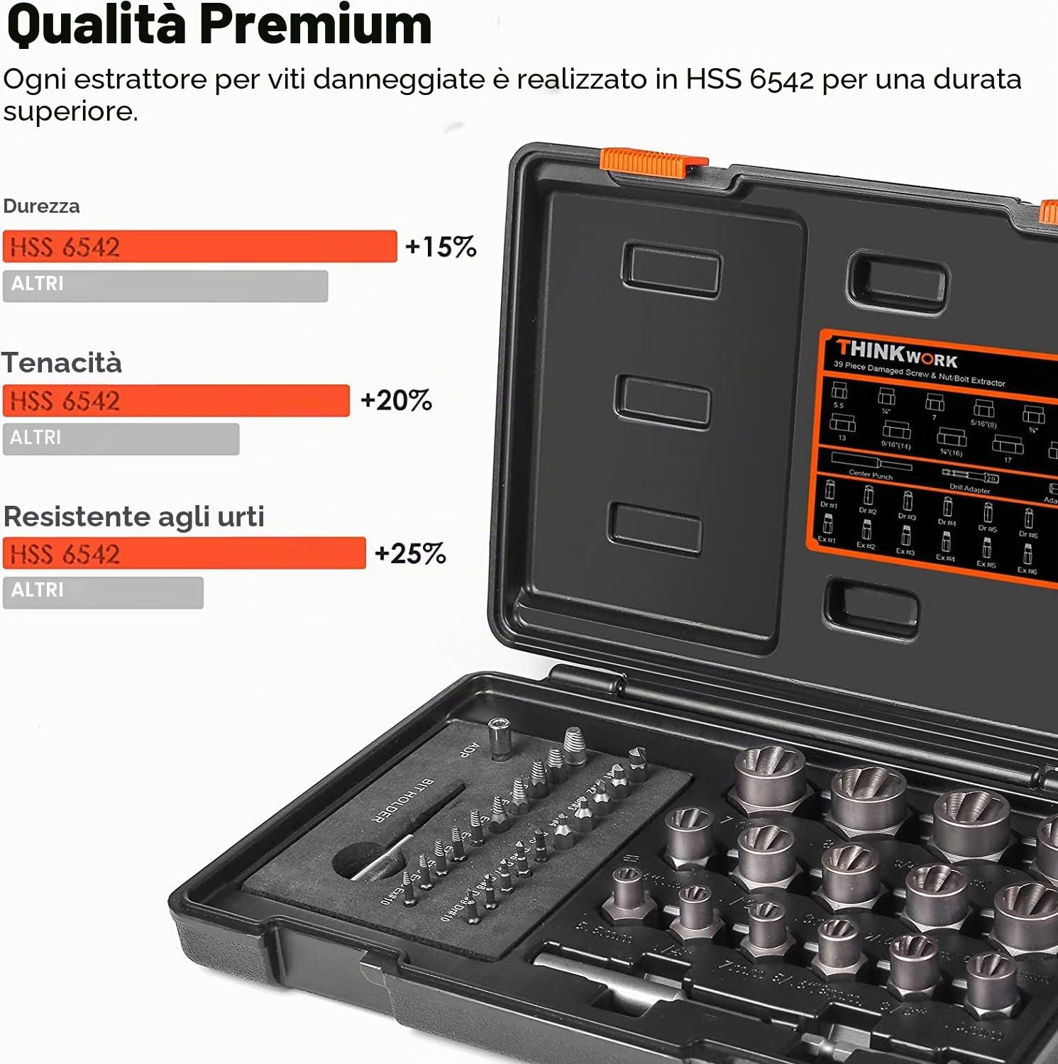 Set di estrattori per viti danneggiate, 2-21 mm, estrattore per viti spelate da 39 pezzi, estrattore per dadi ad alette per la rimozione di bulloni, dadi e viti danneggiati, arrugginiti e arrotondati