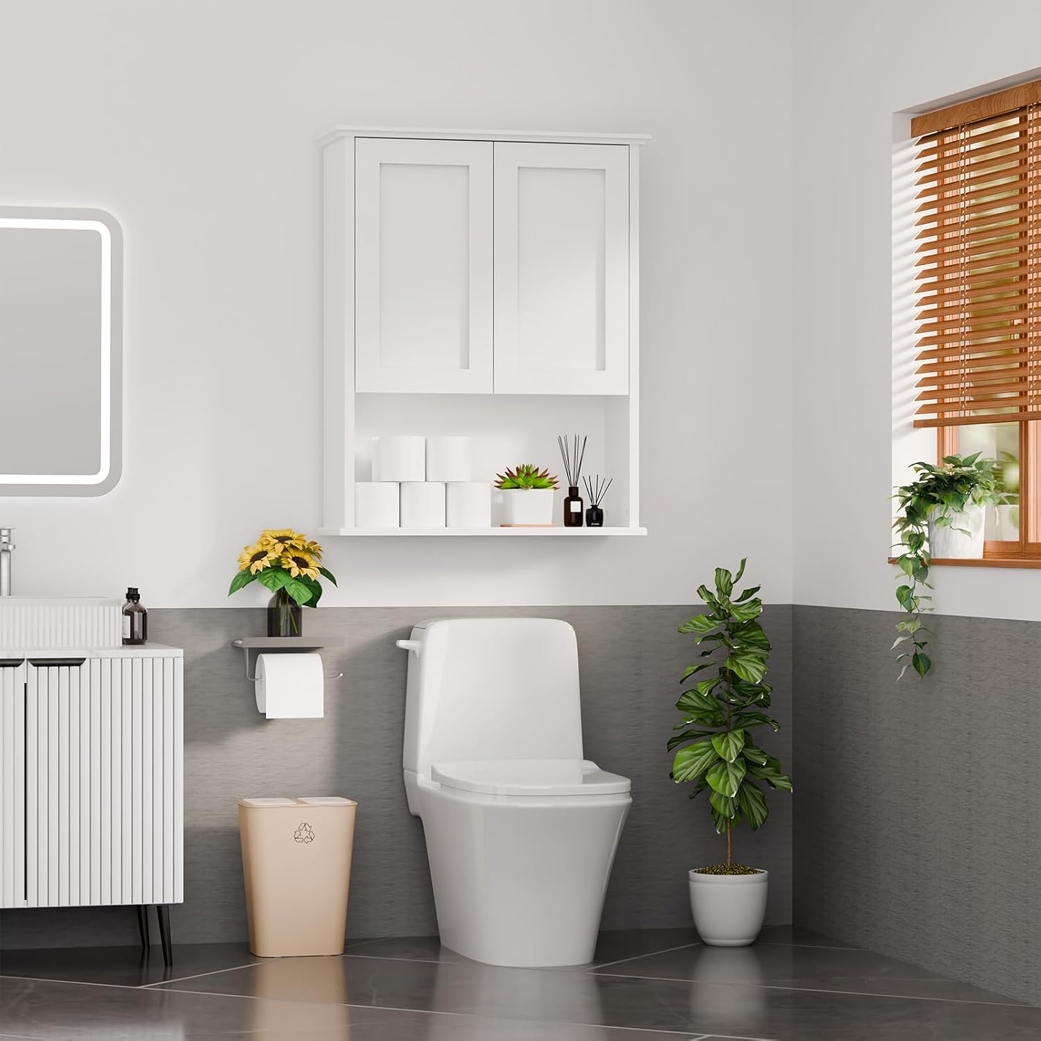 Over the Toilet Storage Cabinet - Wall Mounted Bathroom Cabinet with Fixed Shelves, Easy Assembly, Sturdy Frame, Waterproof Painted & Moisture-Resistant Surface, Space-Saving Storage, White