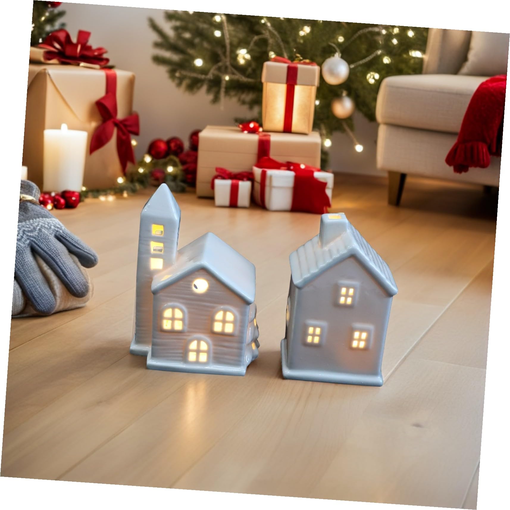 OUNONA 2 Szt. Częściowy Ceramicznych Domków z LED Ręcznie Malowane Dekoracje Świąteczne Do Zawieszenia Choince i Stół Rustykalny Urok Stylu Wiejskim Bezpieczne Oświetlenie Boże Narodzenie