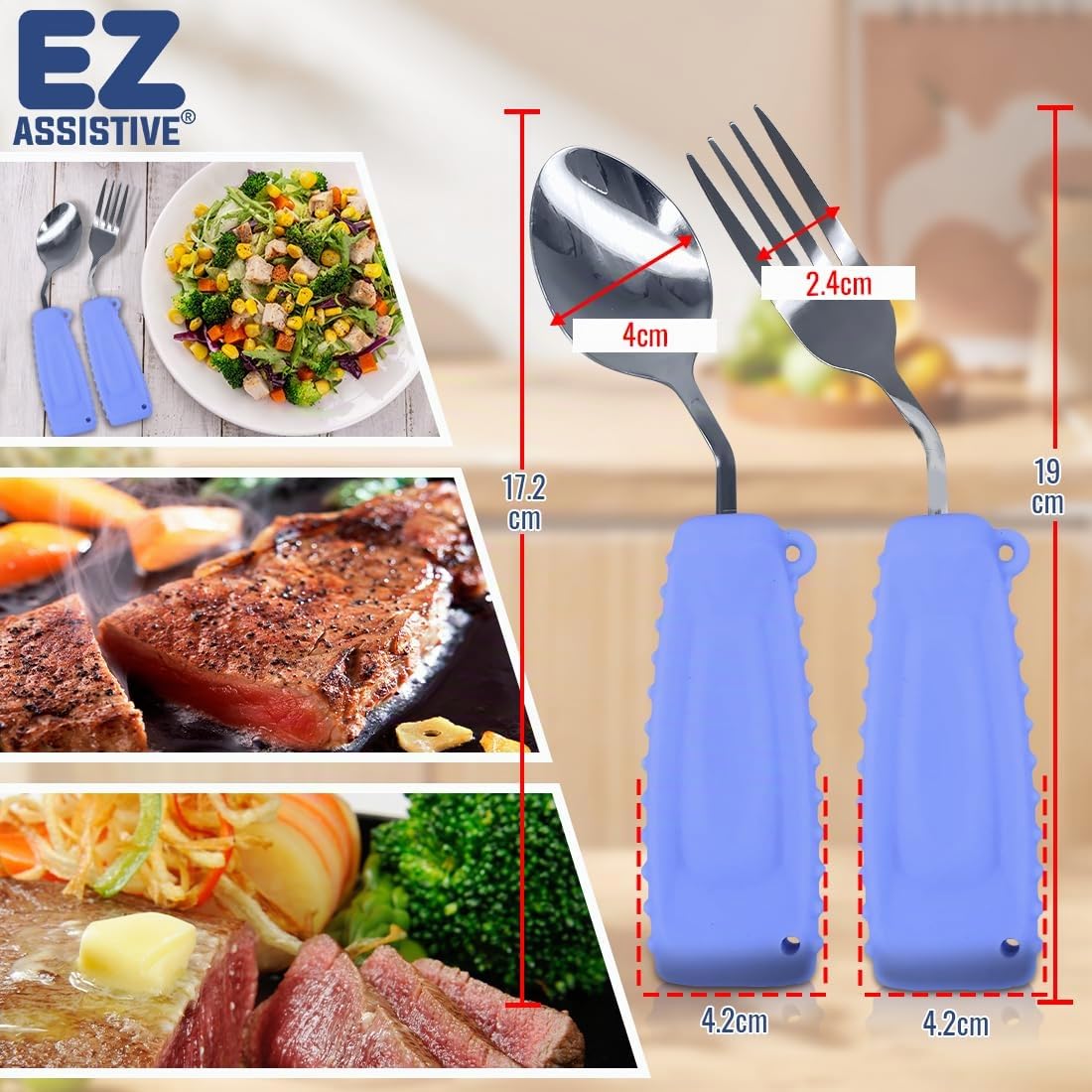 Ustensiles Adaptés pour Personnes Âgées & Handicapées - Cuillère et Fourchette Ergonomiques en Inox - Manche Courbé - Silicone Coloré - Lavable Lave-Vaisselle(Main droite)