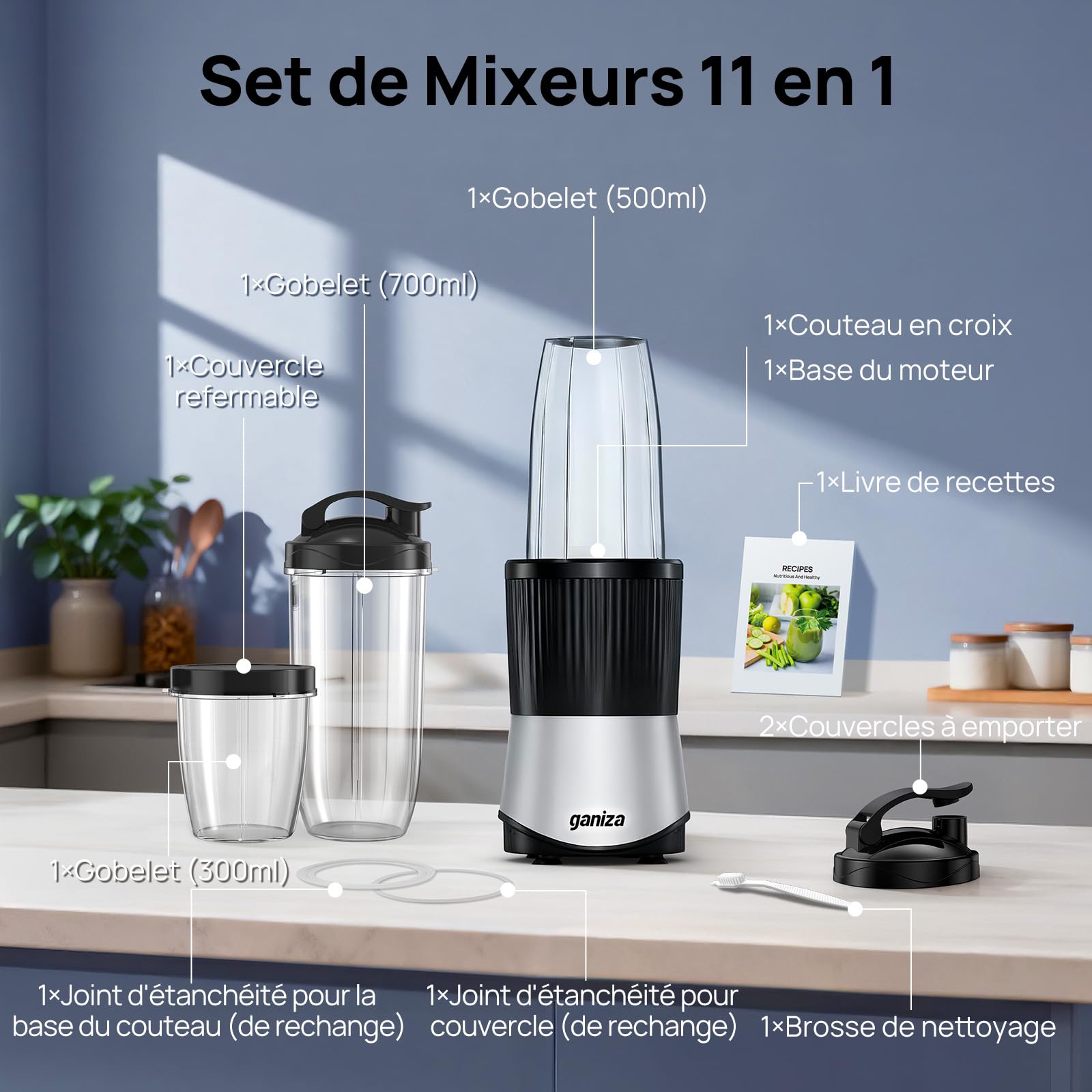 Ganiza Smoothie Maker 900W, Mini Blender avec 25000 tr/min, 3 Gourdes Tritan To-Go (300ml, 500ml & 700ml), 4 Lames Asymétriques, pour Tous Types de Shakes et Smoothies, Argent/Noir