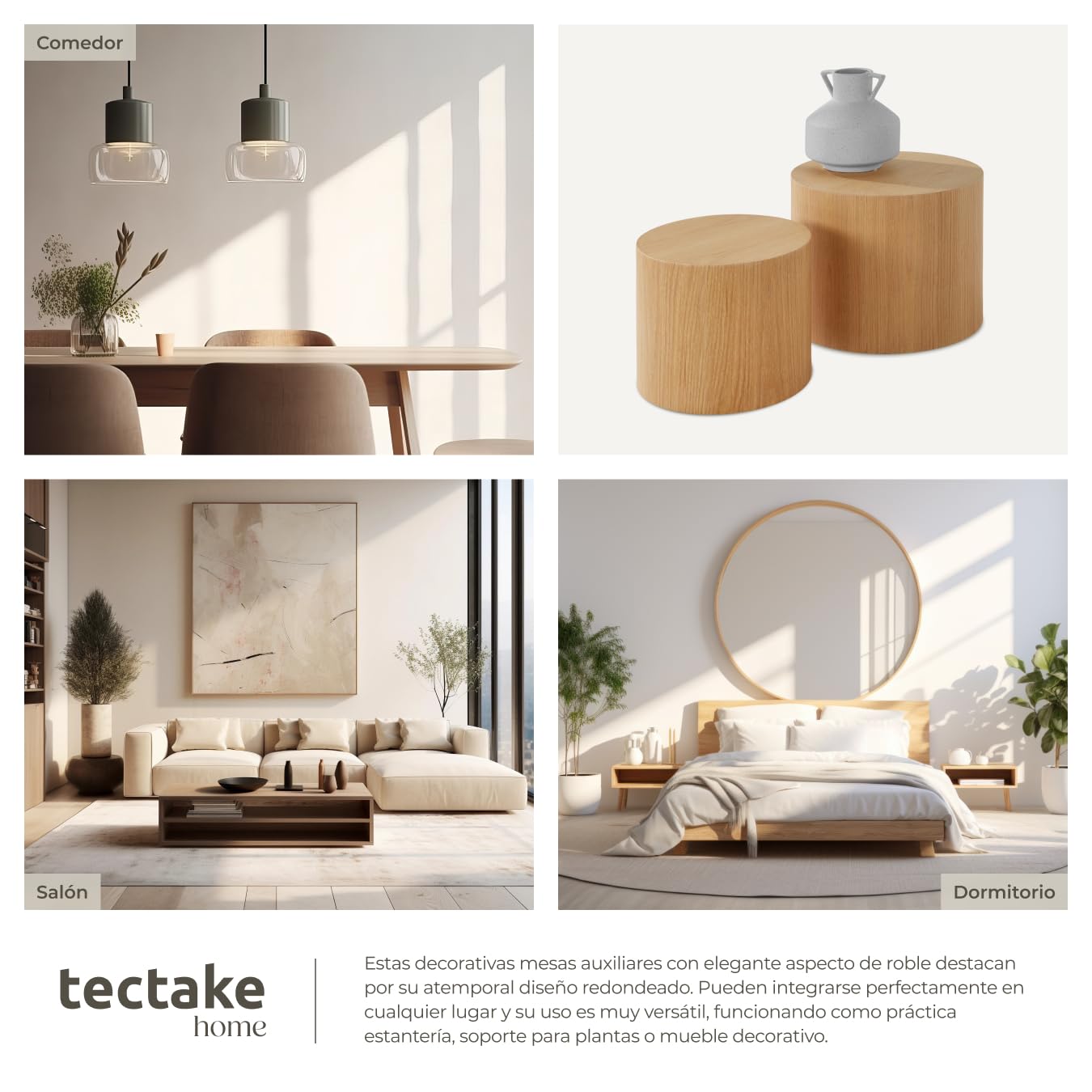 tectake® Juego de mesas auxiliares Redondas, Mesa Redonda pequeña Ideal como Mesa Auxiliar Salon, Mueble Auxiliar Salon, mesas Redondas Estilo Moderno - Roble Claro