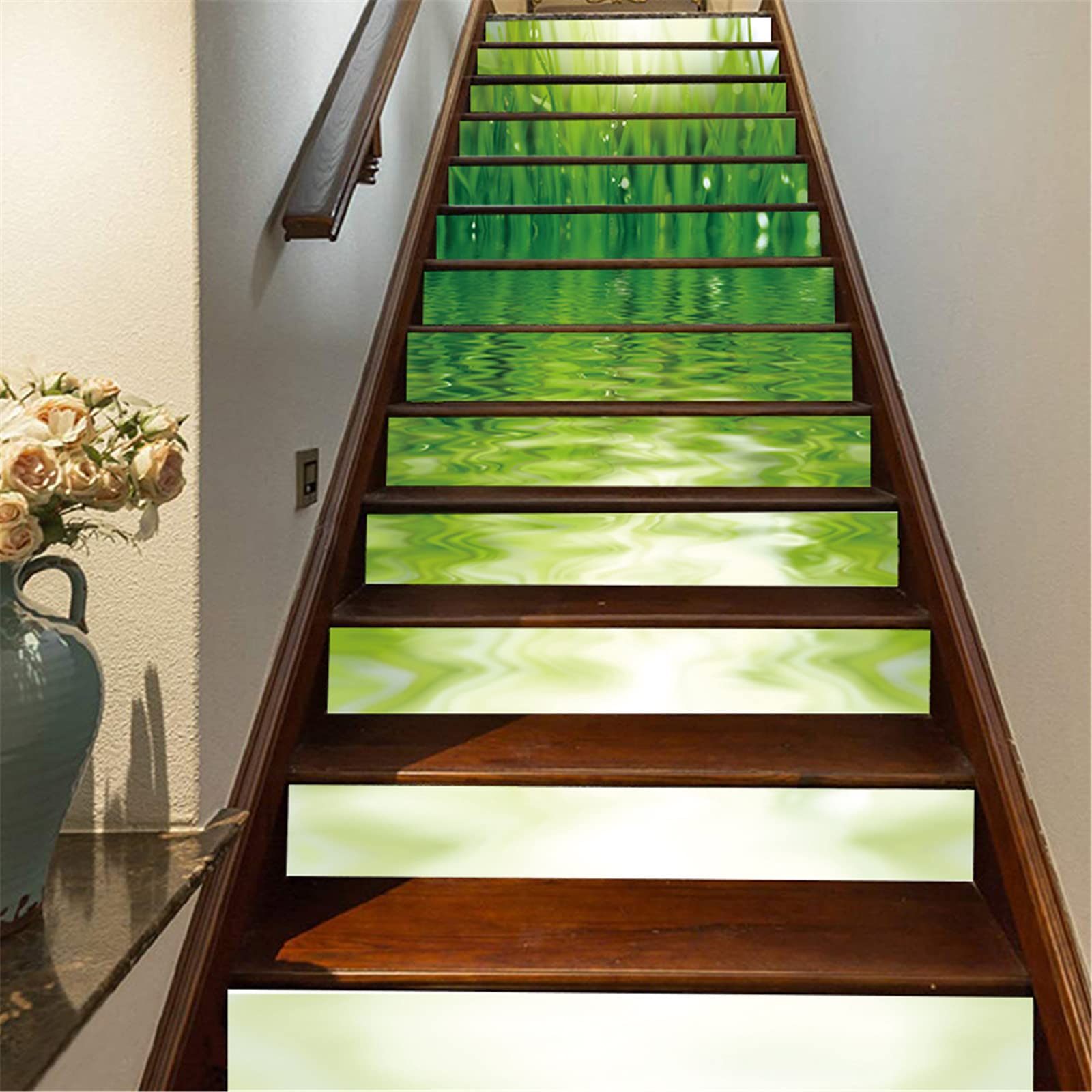 FLFK 13Pcs Stair Risers Stickers Peel and Sick 39.37"x7.08", Vinyl Staircase Stickers Decals, Green Grass and Water Mural Wallpaper for Stair Steps