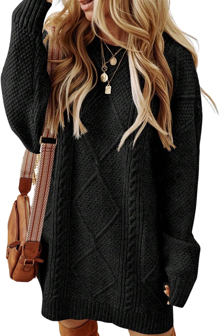 ZAFUL Women's Cable Knit Sweater Dress Long Sleeve Loose Crew Neck Pullover Tunic Mini Sweater Dress Fall Winter Outfits