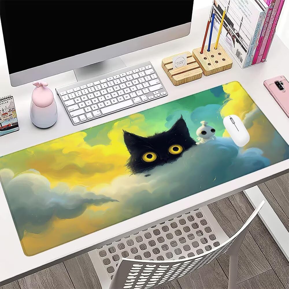 Alfombrilla de Mouse para Juegos, Giallo, XXL, Antideslizante, Impermeable, Diseño de Gatto, Extendido, Grande, 1200x600x3mm, para PC, Laptop, Ufficio, Famiglia d-606