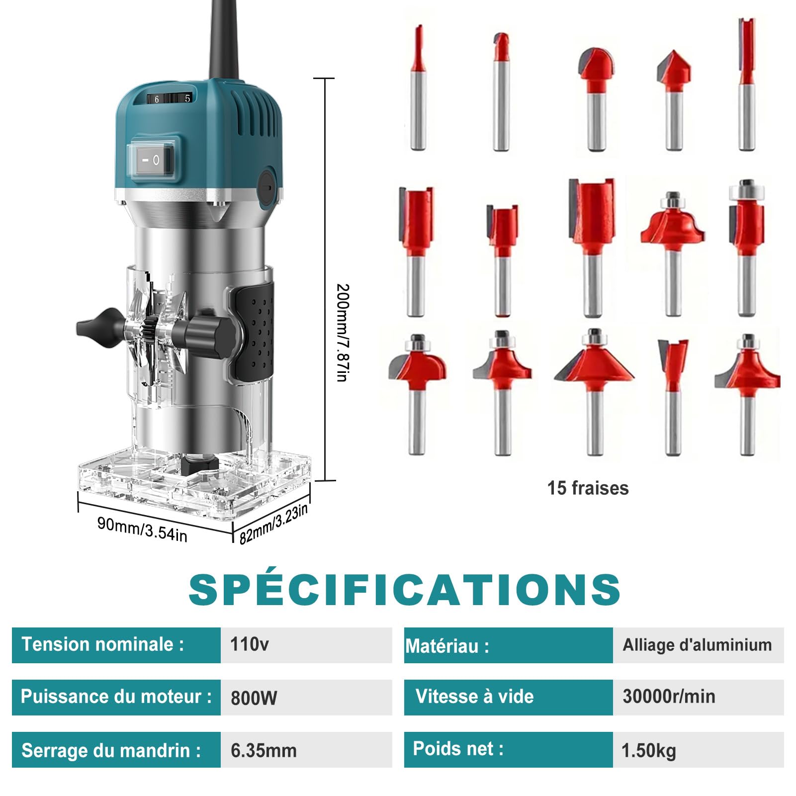 Défonceuse à Bois Affleureuse Électrique 800W 30000RPM, Routeur à Bois Électrique avec 15 Fraises à Défoncer Queue de 1/4", Pinces de 6,35mm, 6 Vitesses Variables