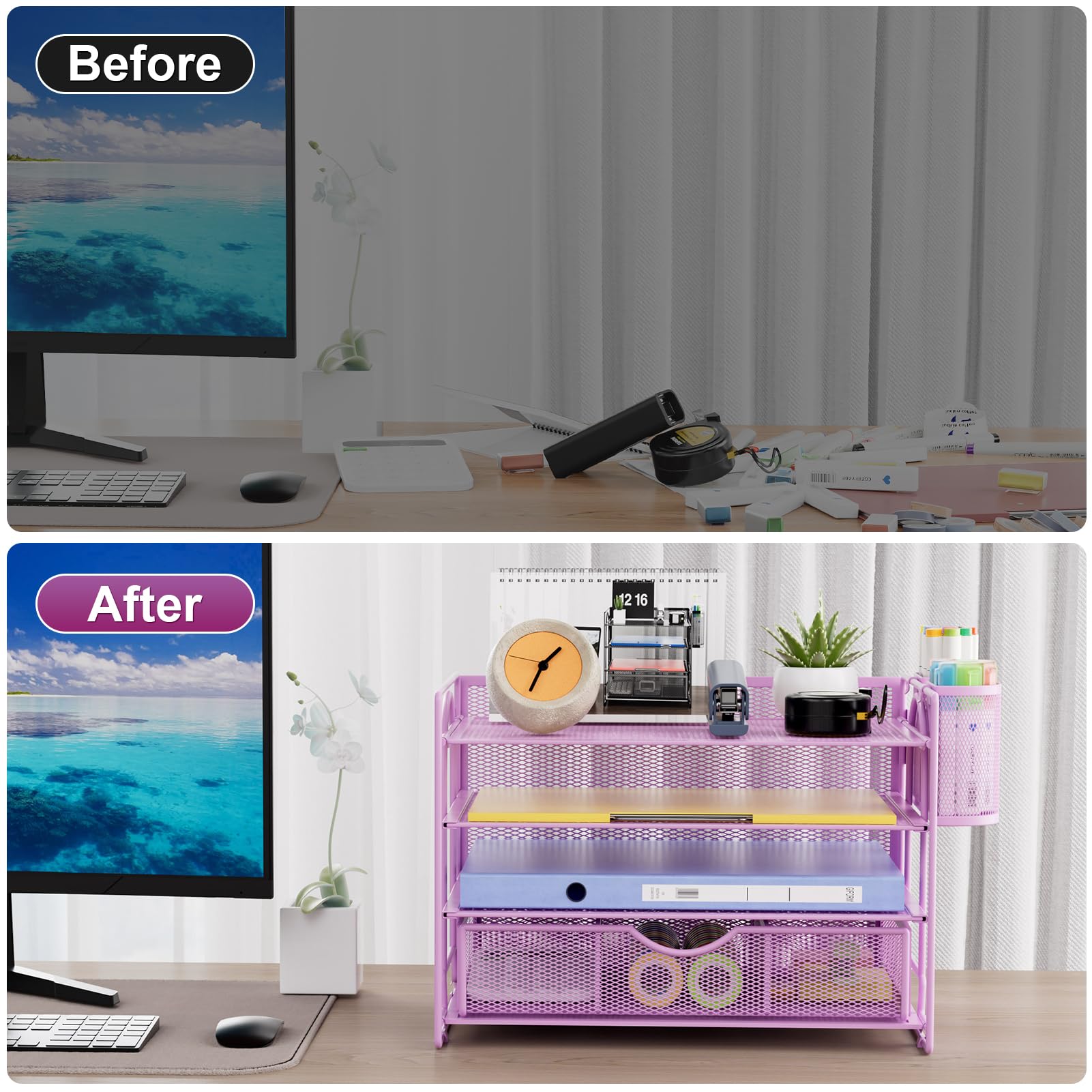 Marbrasse Organizer da scrivania a 4 vassoi con 2 portapenne, porta documenti da appendere al tavolo con cassetto, organizer per vassoio per lettere (viola)