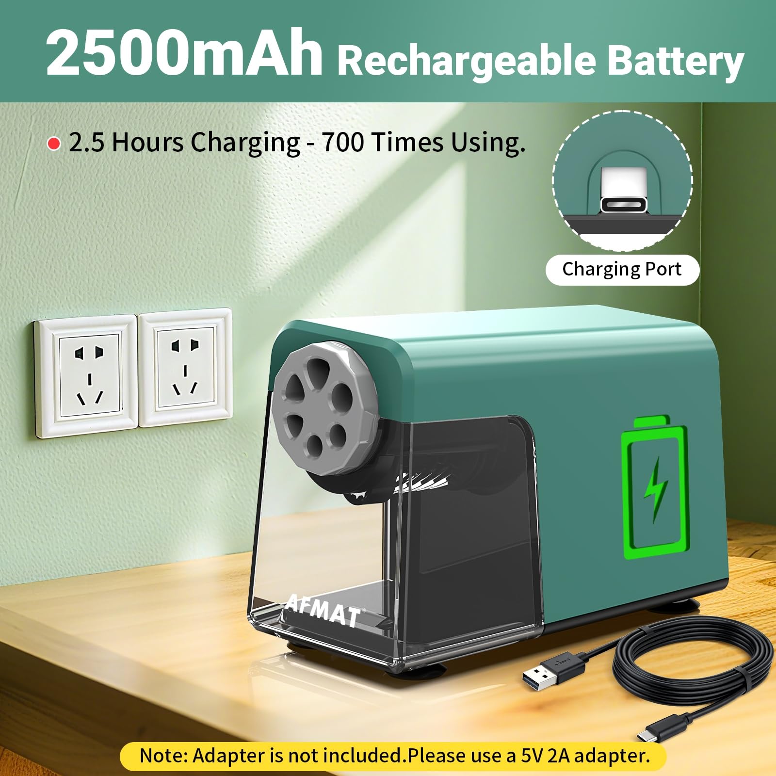 AFMAT Sacapuntas eléctrico 6 agujeros con contenedor, apagado automático y almacenamiento de lápices - Sacapuntas eléctrico recargable para 6-11 mm Nº 2/grandes/lápices de colores, 10.000 tamaños.Grün