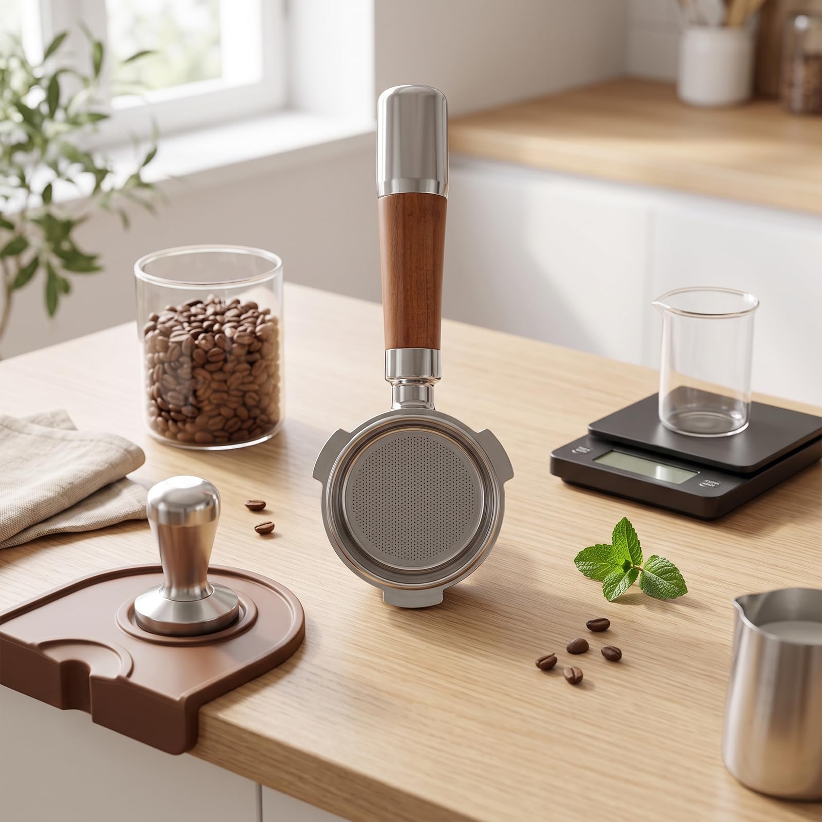 TOPINCN Espressosiebträger 51mm Edelstahl, Walnussgriff, 3 Ohren, für Siebträgermaschinen (Doppelter Auslauf mit Bodens)
