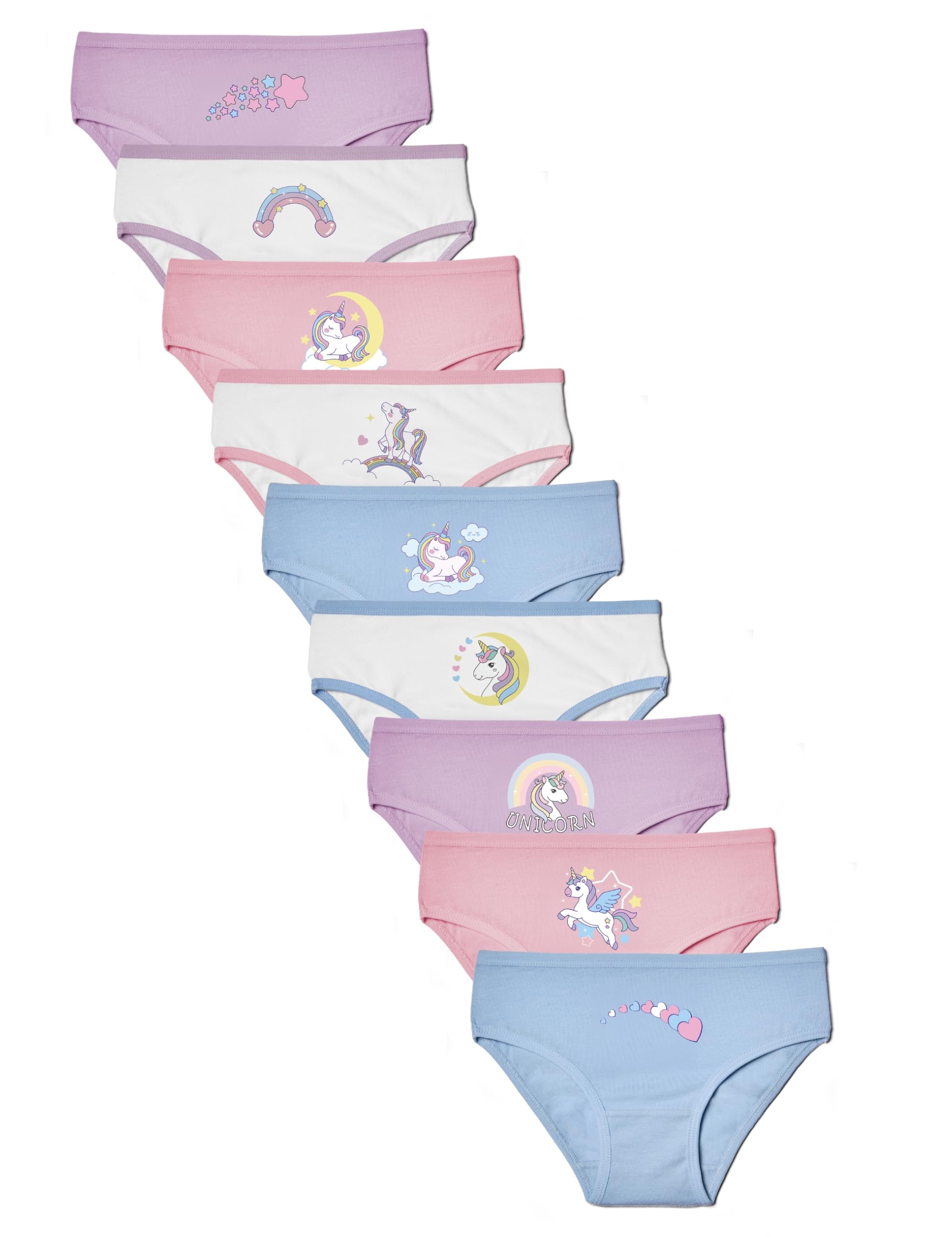 Basic Treasure 9er-Pack Unterhosen Mädchen, Bequemer Oeko-TEX Baumwolle, Unterwäsche für Mädchen, Pantys Mädchen (DE/NL/SE/PL, Numerisch, 122, 128, Regular, Einhörner/Herzen)