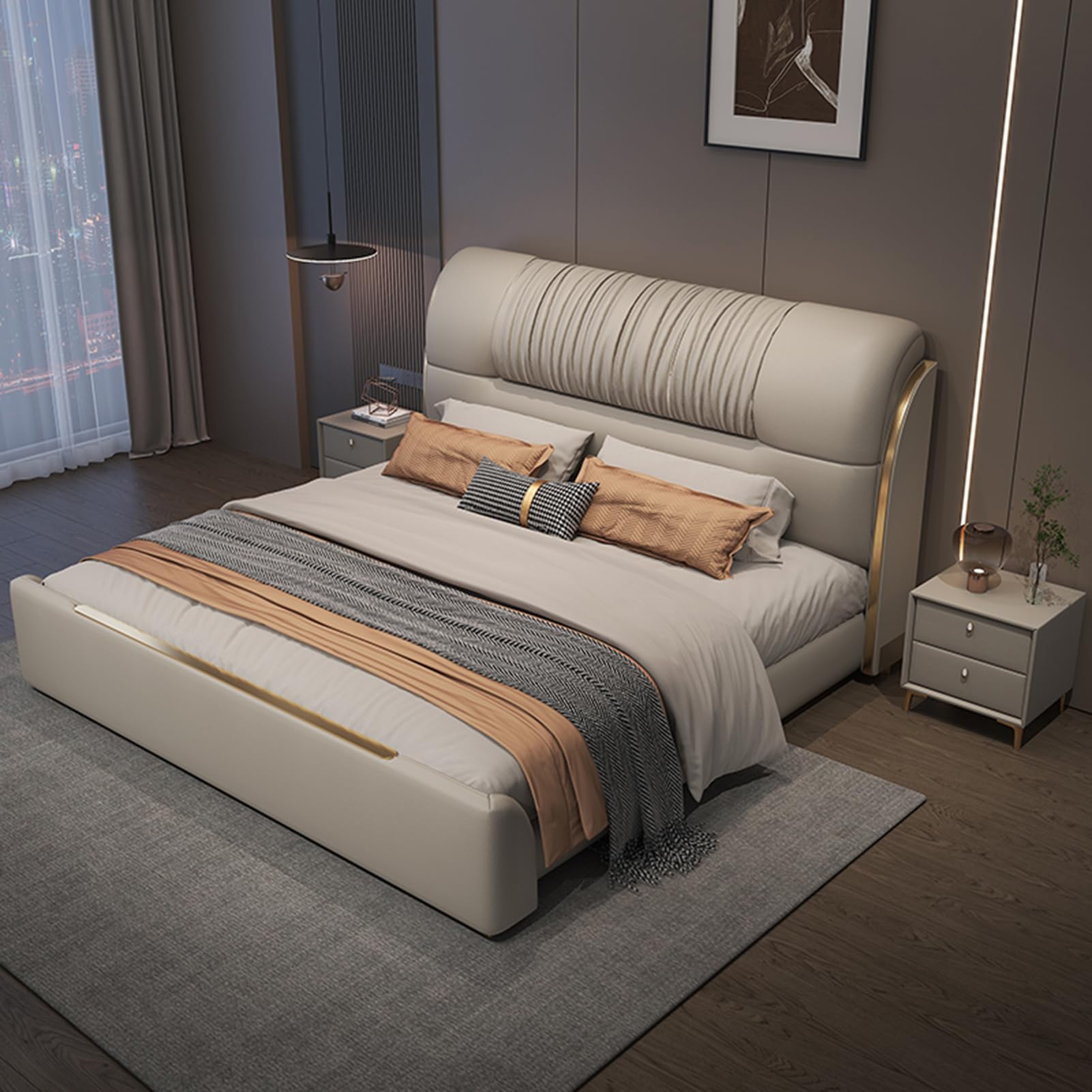 King Size Genuine Leather Wood Bed Upholstered Platform Bed Frame Strong Wooden Slat Support No Box Spring Needed