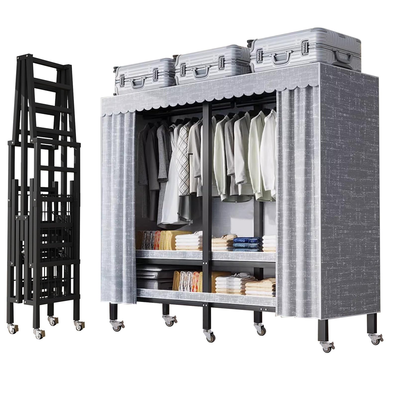 Armadio in Tessuto Portatile con Barre per Appendere Vestiti, Guardaroba Guardaroba, Appendiabiti per Camera da Letto,168x46x173cm