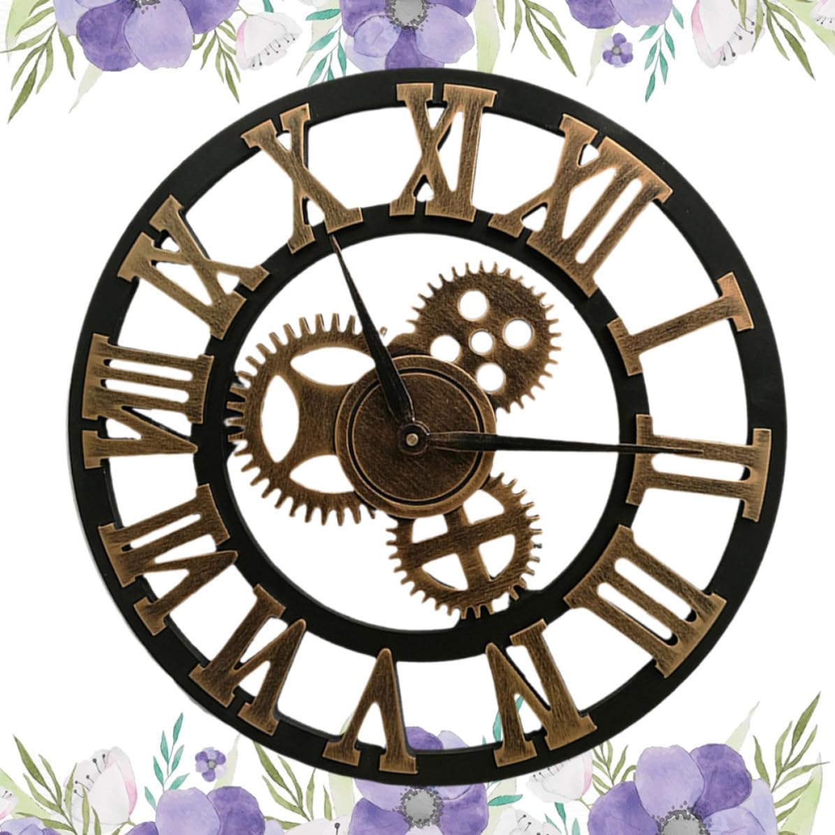 MERRYHAPY Reloj de Pared Silencioso y Preciso en Metal y Madera Industrial Engranajes Giratorios, Diseño Elegante para Sala de Estar o Estudio