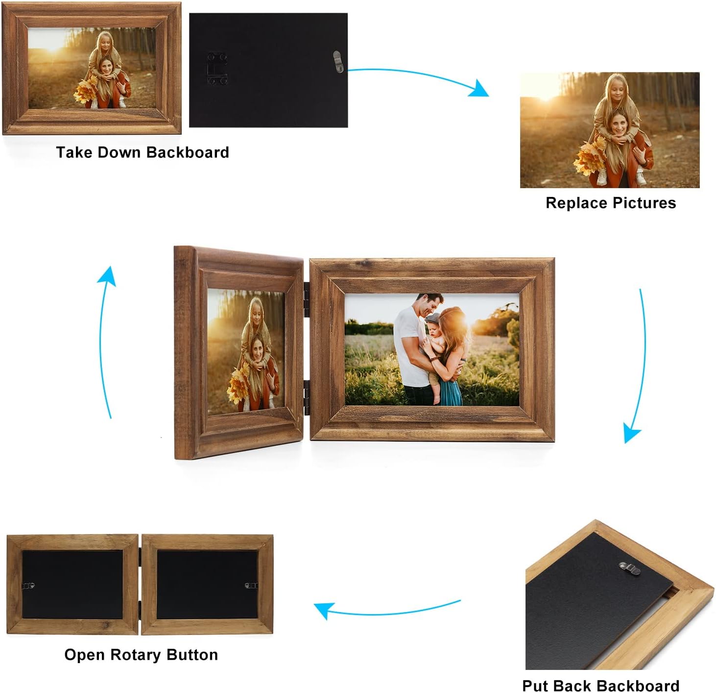 Horizontal & Vertical 5X7 Picture Frames Double Hinged Wood Folding Photo Frames with Real Glass Front Fit for Desktop or Tabletop Display Pictures 4x6 with Mat or 5x7 Without Mat, Wood Grain