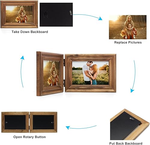Miniatura 8 de WISADD Portarretratos horizontales de 5 x 7 pulgadas, marcos de fotos plegables de madera con doble bisagra con cristal real frontal para escritorio
