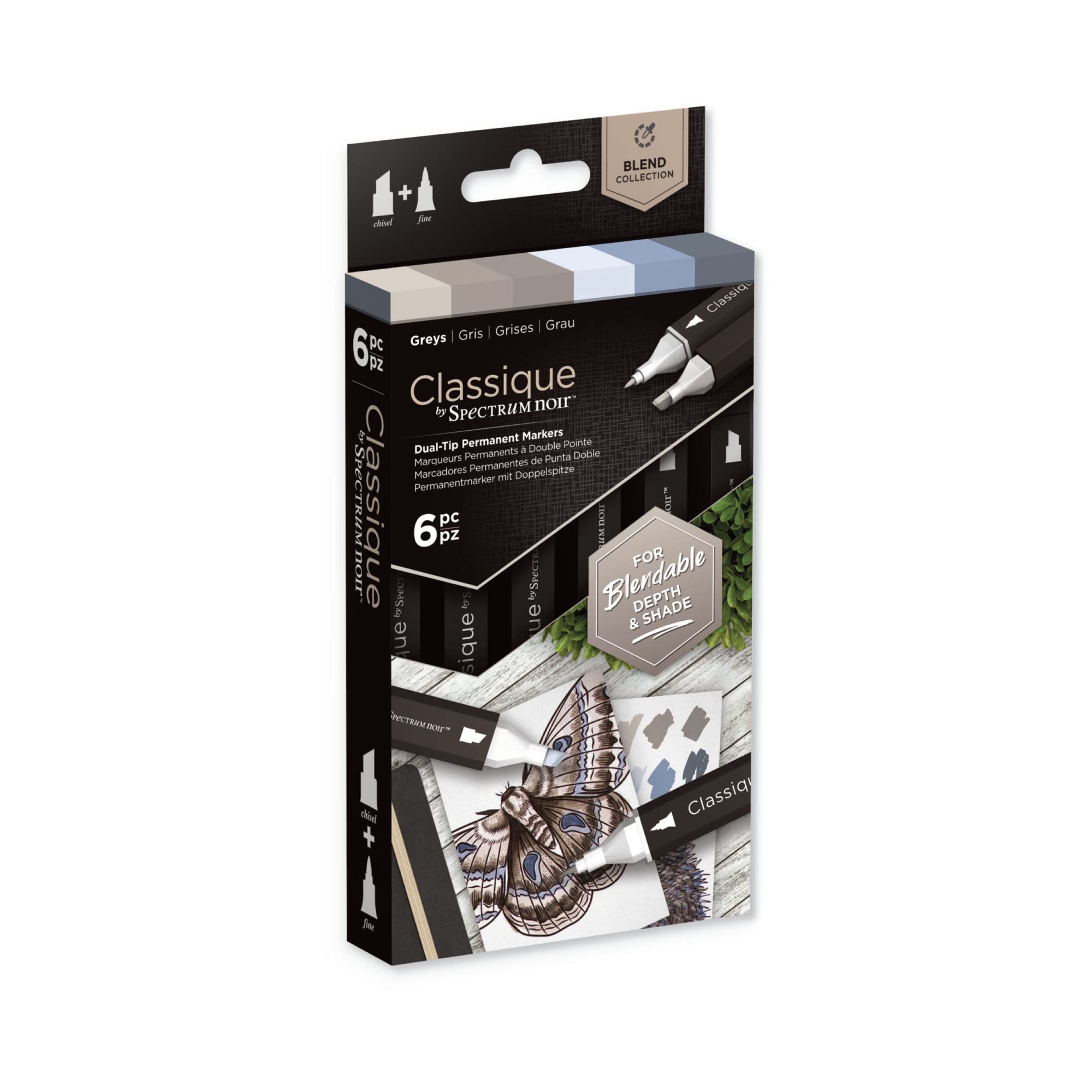 Crafter's Companion SPECN-CS6-GRE Spectrum Noir Classique Blend Alcohol Marker Dual Nib Pens Set-Greys-Pack of 6, One Size
