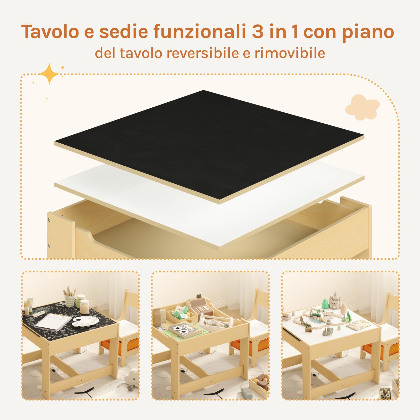 WOLTU Set Mobili con Lavagna Contenitore Tavolo e Sedie per Bambini Soggiorno Tavolino con 2 Sgabelli in Legno