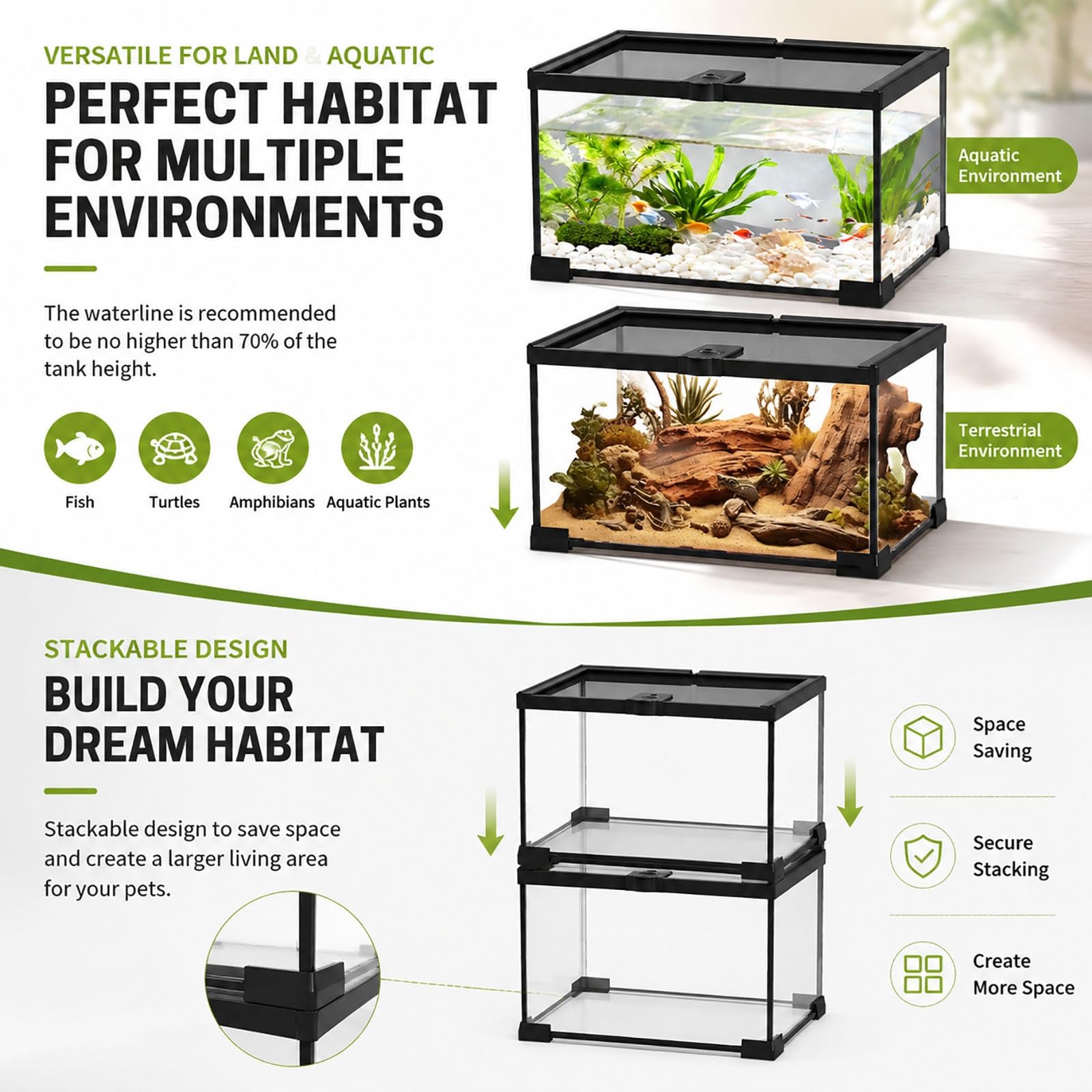 Terrario in Vetro per Rettili, Teca Trasparente con Coperchio Ventilato in Rete, Habitat Sicuro per Gecko, Lucertole, Serpenti, Ragni, Anfibi e Insetti(Small)