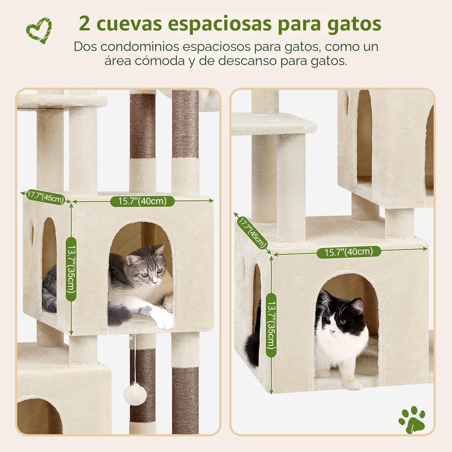 Globlazer Árbol Rascador Grande Beige Estable con Bases 72 * 45CM, 2 Grandes Nidos, Plataformas Acolchada Superior, Felpa Cesta, Rascador Alto 156 cm para Gatos Grandes Descansar Jugar (F61, Beige) | Árbol para gatos con 2 columnas para rascar de sisal, f