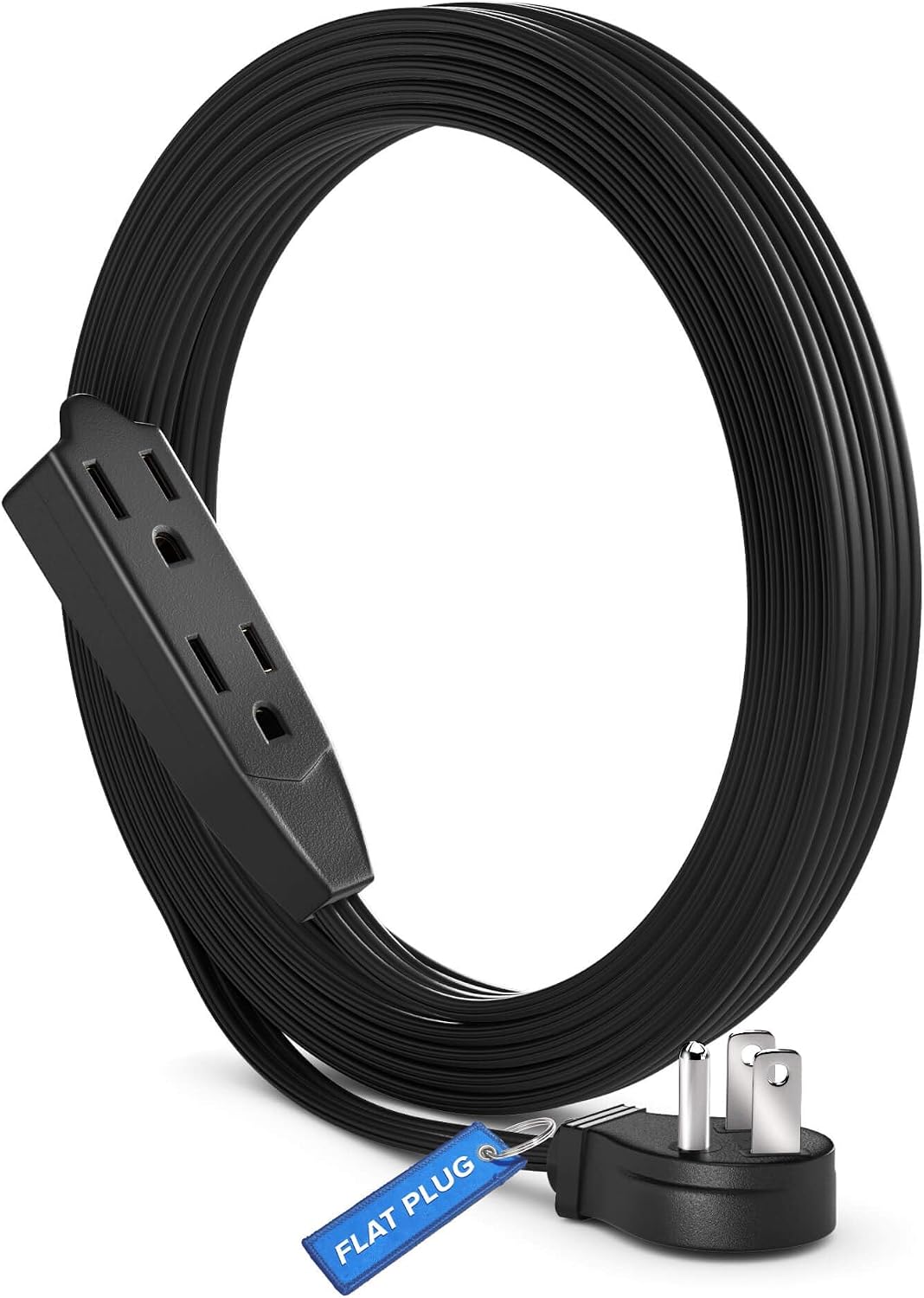 Maximm 10 Ft Flat Plug Extension Cord, 3-Outlet, Angled Plug, Black, UL