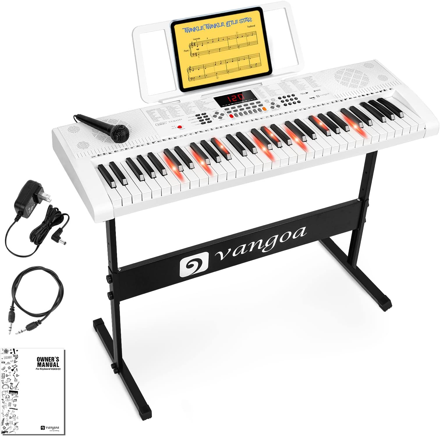 – Vangoa Piano Keyboard 61 Lighted Keys Music Electronic Keyboard Piano with Stand, Microphone, 600 timbres, 400 rhythms, 30 demos, White