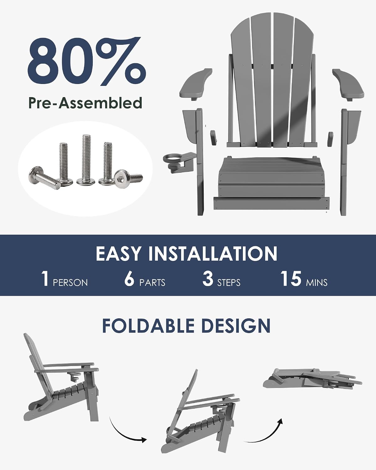 Folding Adirondack Chairs Set of 2, All-Weather Resistant HDPE Patio Firepit Chairs, Sturdy Outside Chairs with Cup Holder, Lawn Chairs, 80% Pre-Installed Load Capacity 385lb, Slate Grey