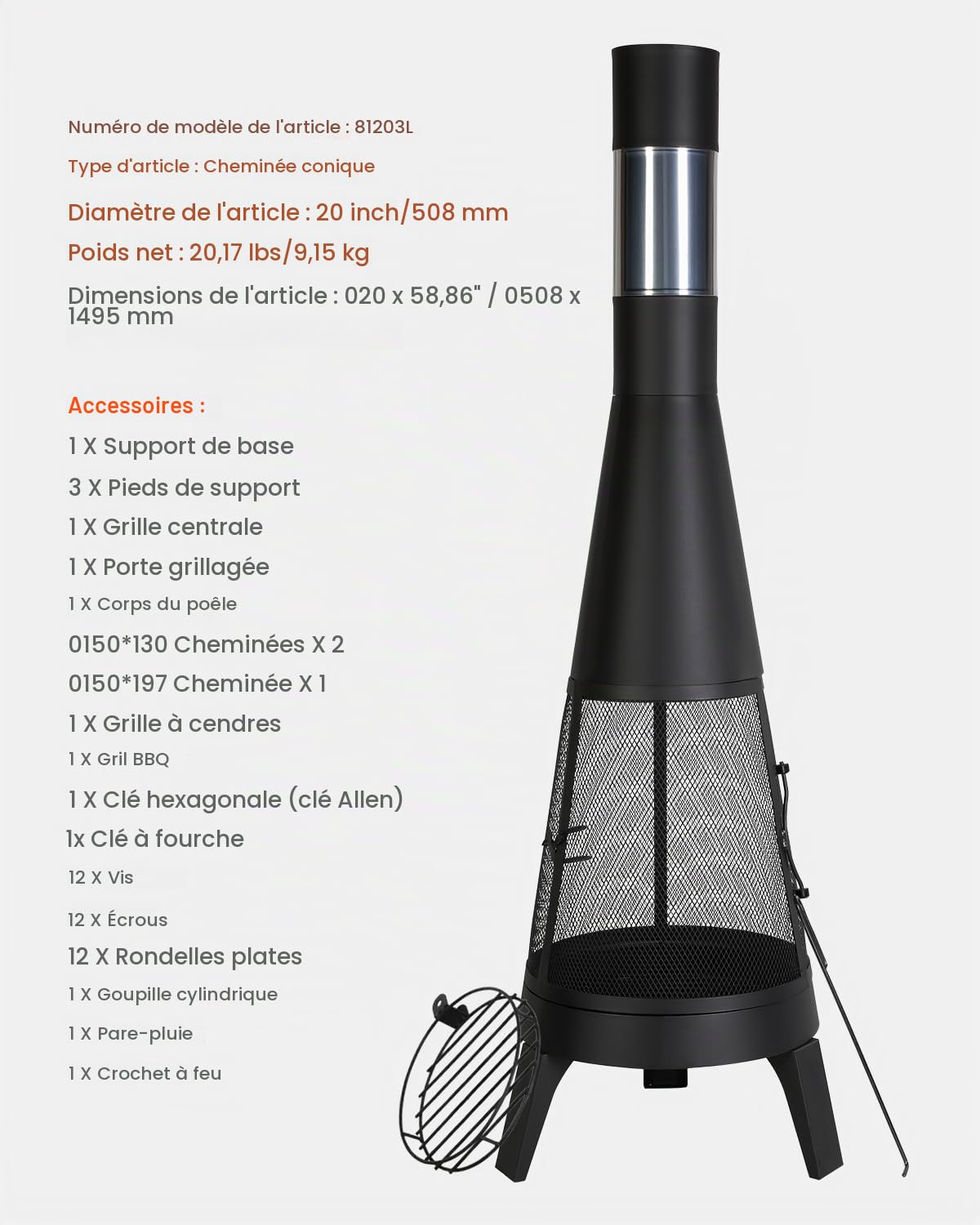 VEVOR Cheminée Extérieur, 508 mm, Poêle à Bois Conique Robuste pour Barbecue et Réchauffer, avec Grille, Couvercle de Cheminée Antirouille, pour Patio, Jardin, Arrière-Cour, Cuisson en Plein Air